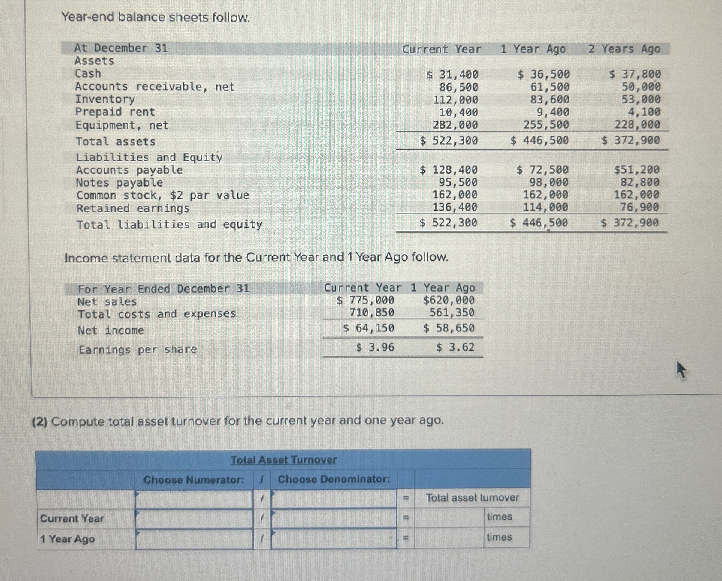  Year-end balance sheets follow. \table[[At December 31,Current Year,1 Year Ago,2 Years