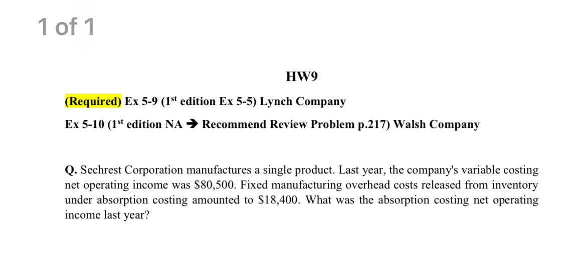HW9 (Required) Ex 5-9(1?st edition Ex 5-5) Lynch Company Ex 5-10(1?st