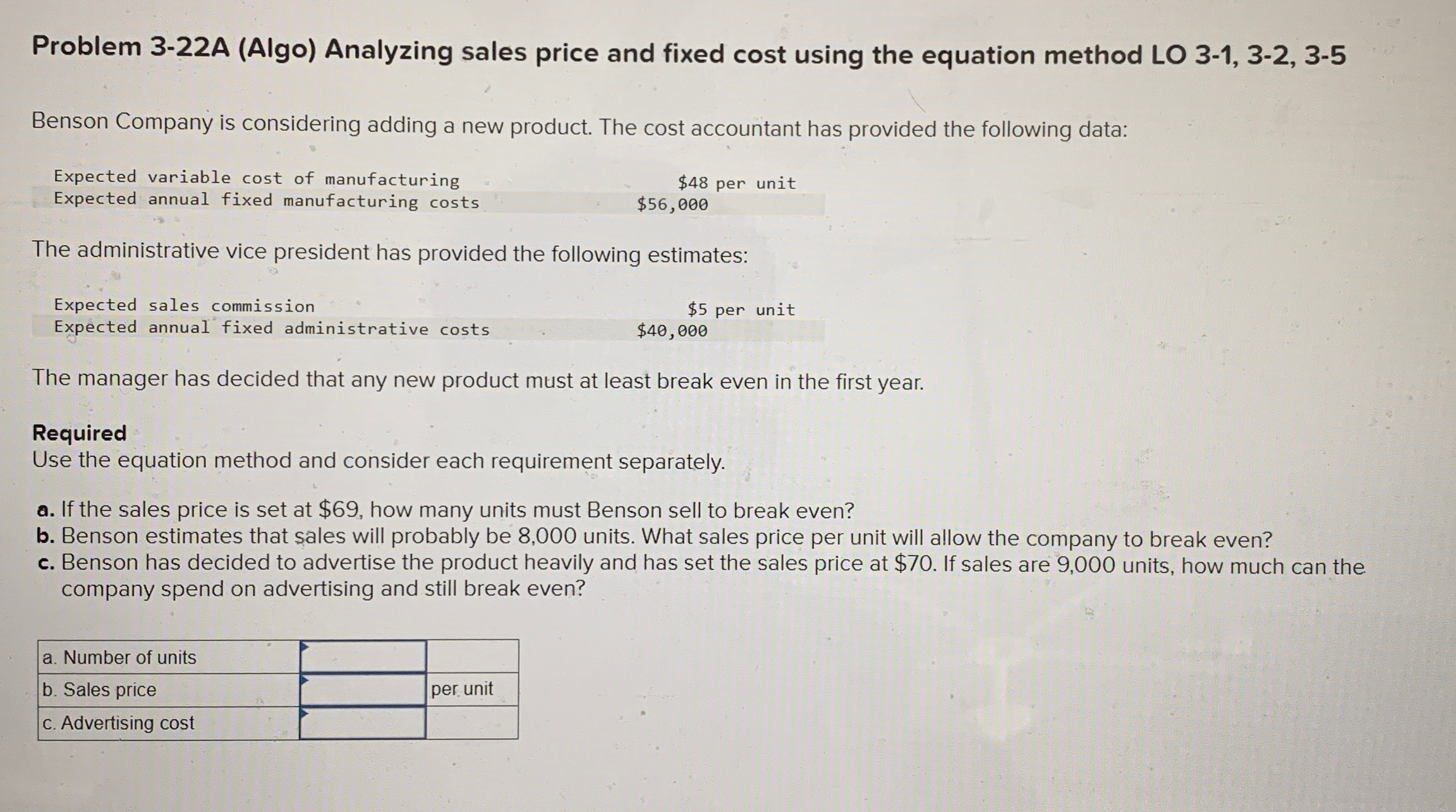  Problem 3-22A (Algo) Analyzing sales price and fixed cost using the