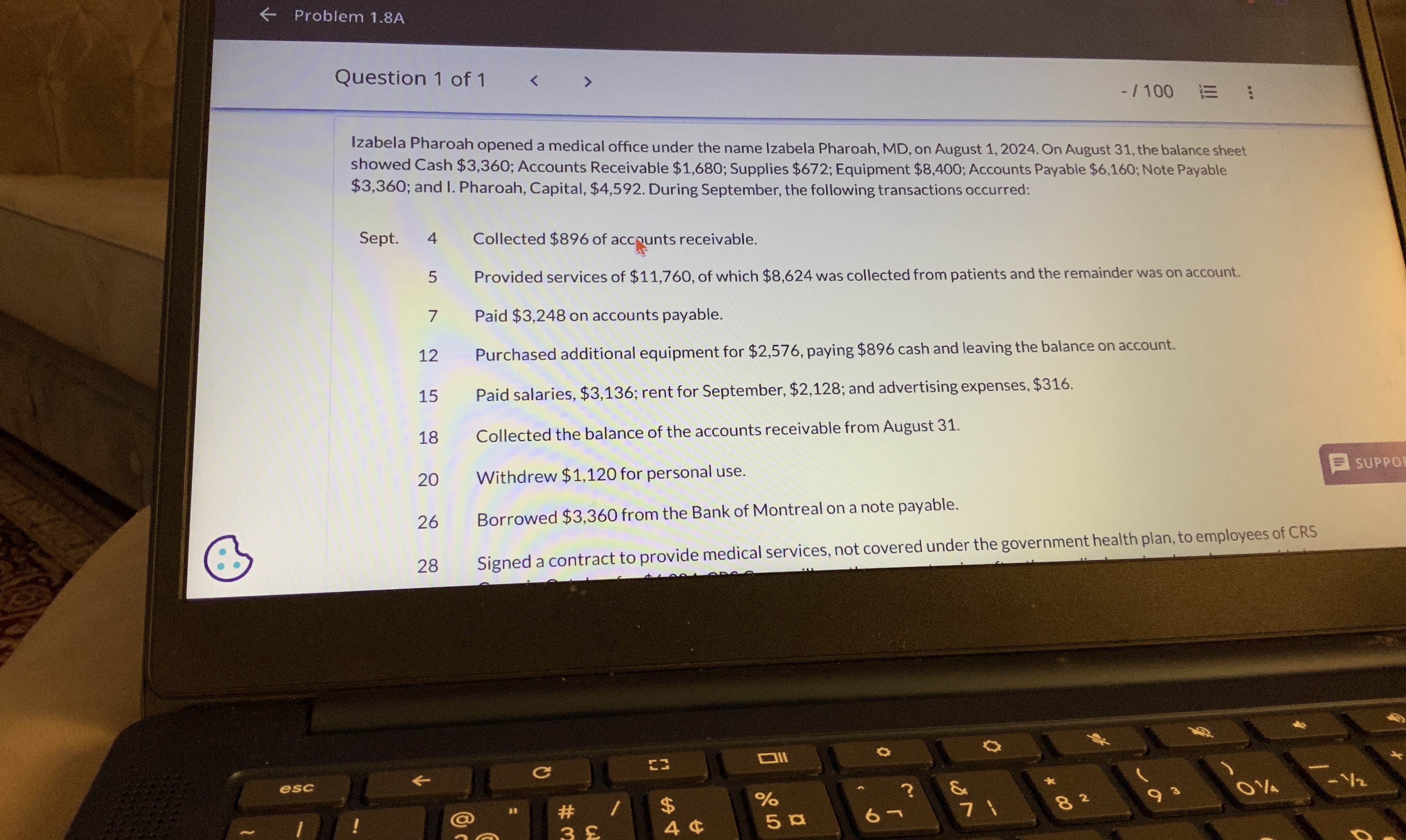  Problem 1.8A Question 1 of 1 -1100 Izabela Pharoah opened a