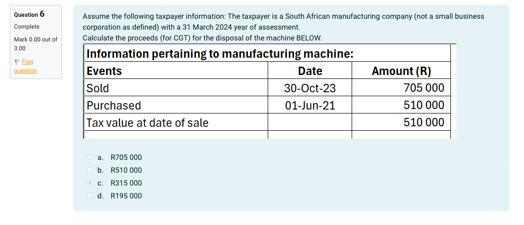 value at date of sale,,510000],[,\table[[a. R705000],[b. R510000],[c. R315000],[d. R195000]],,]] 