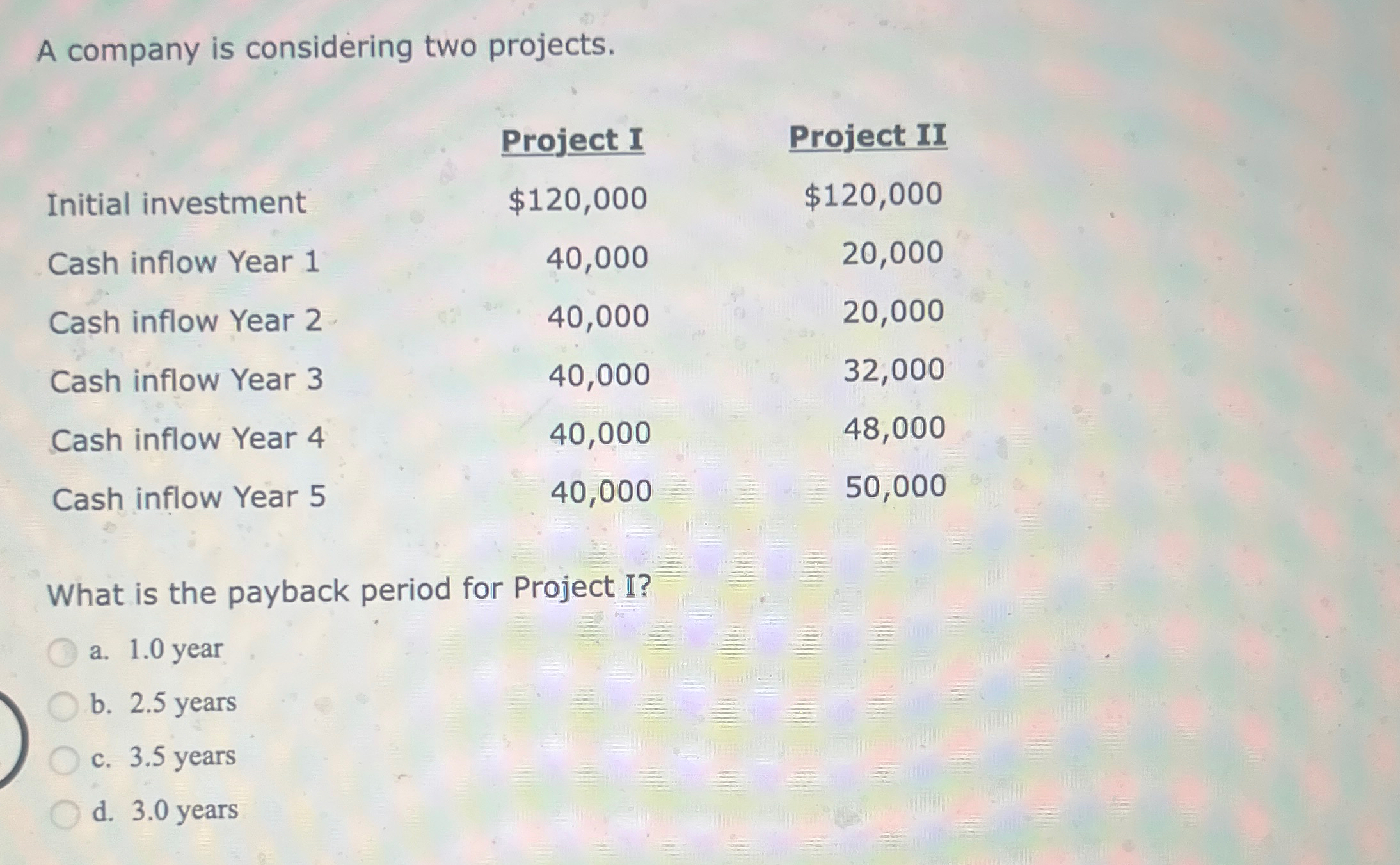  A company is considering two projects. \table[[,Project I,Project II],[Initial investment,$120,000,$120,000 