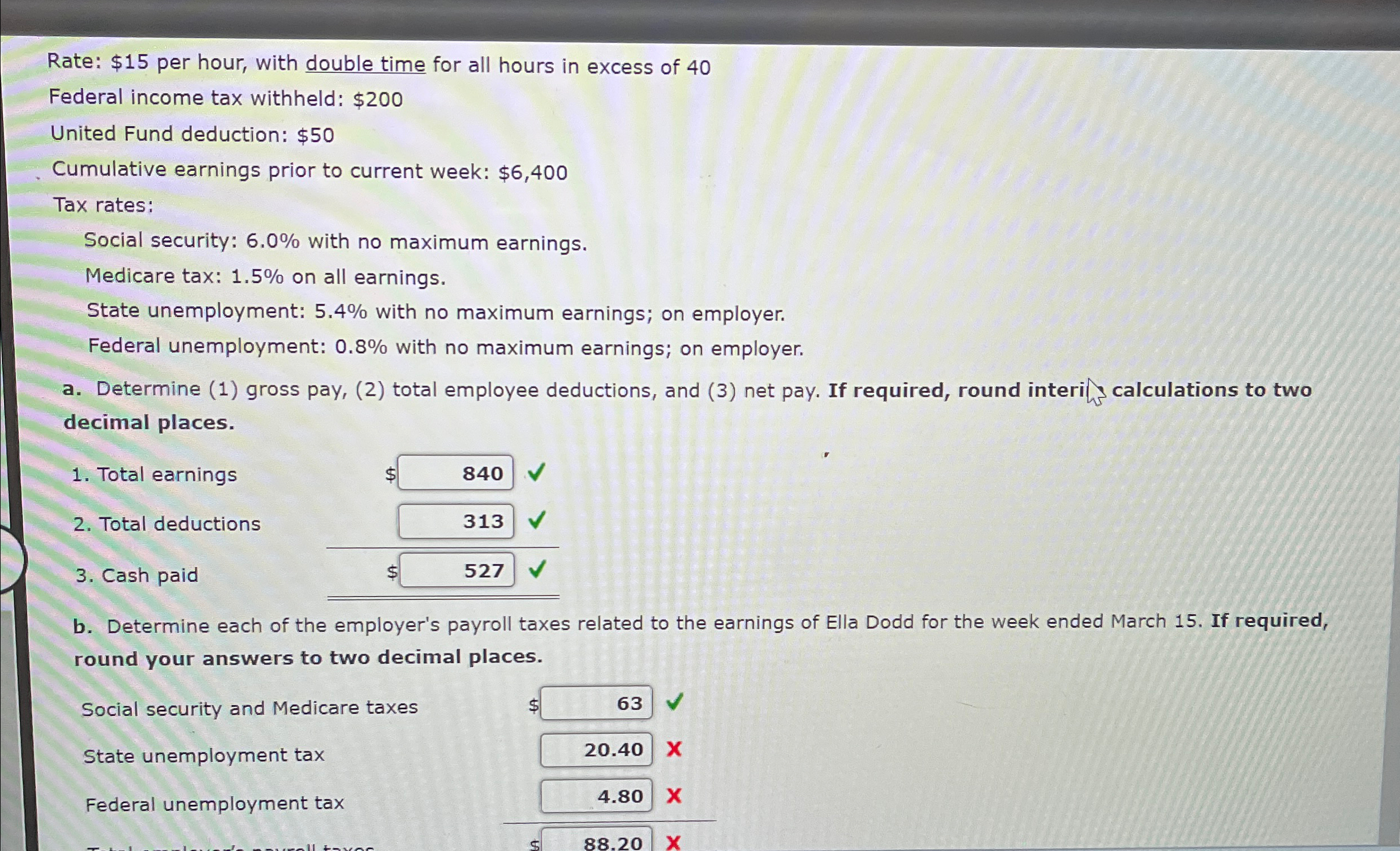excess of 40 Federal income tax withheld: $200 United Fund deduction: $50