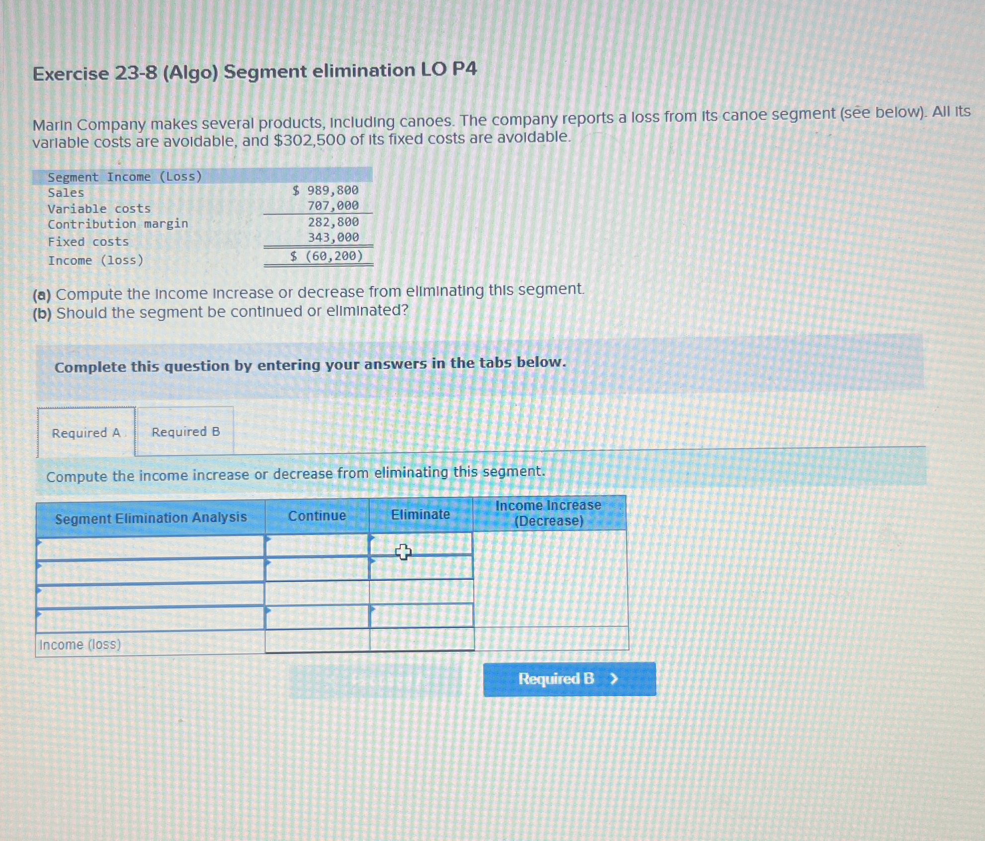 Exercise 23-8(Algo) Segment elimination LO P4 Marin Company makes several products,