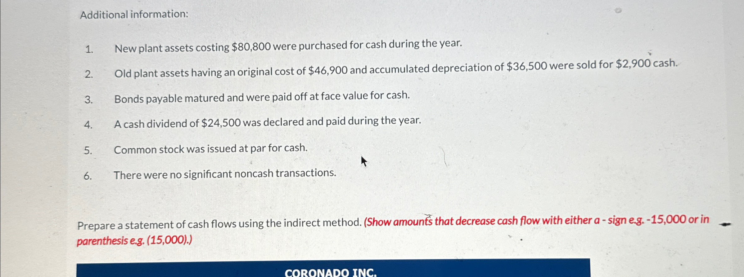  Additional information: New plant assets costing $80,800 were purchased for cash