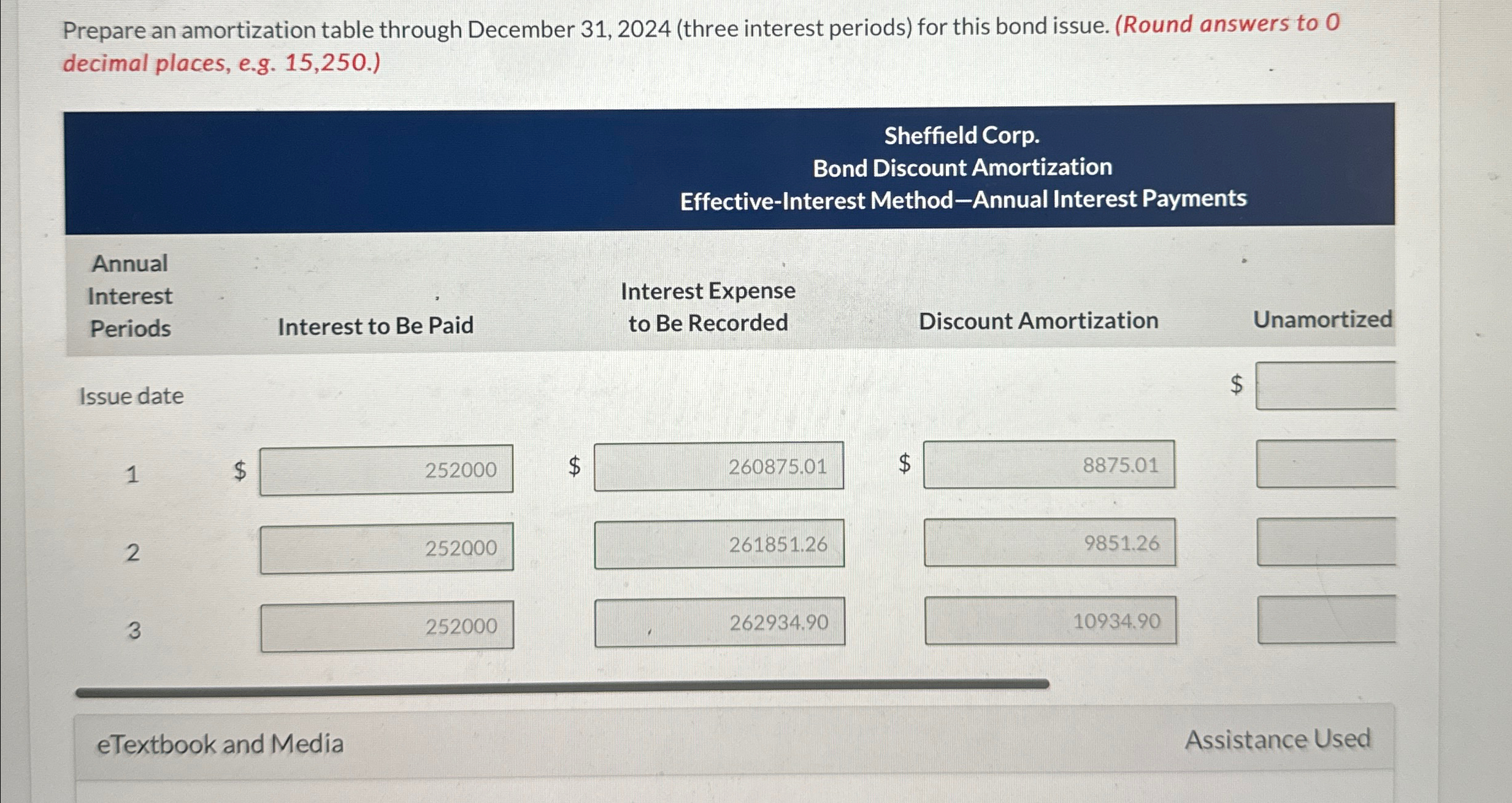  an amortization table through December 31,2024(three interest periods) for this bond