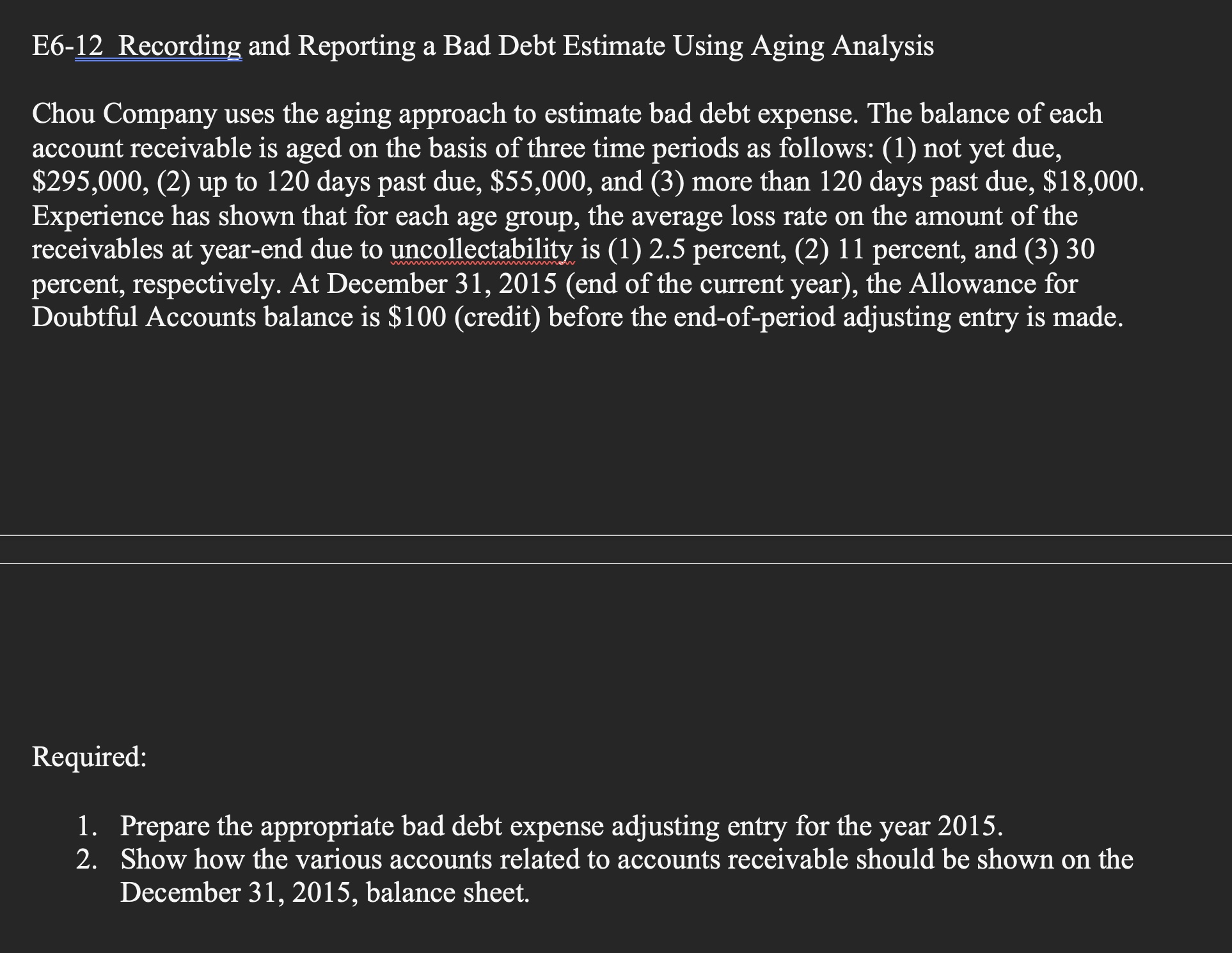 year 2015. Show how the various accounts related to accounts receivable should