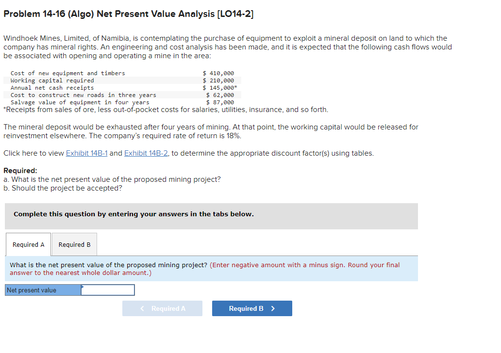  Problem 14-16(Algo) Net Present Value Analysis [LO14-2] Windhoek Mines, Limited, of