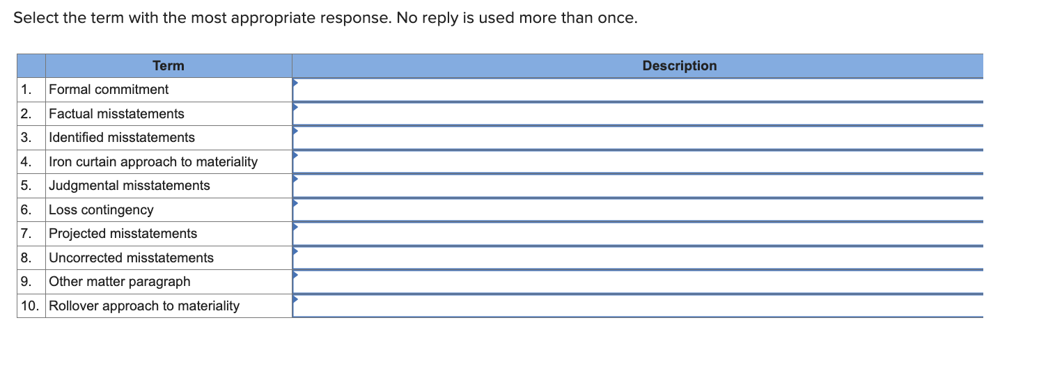 Select the term with the most appropriate response. No reply is used