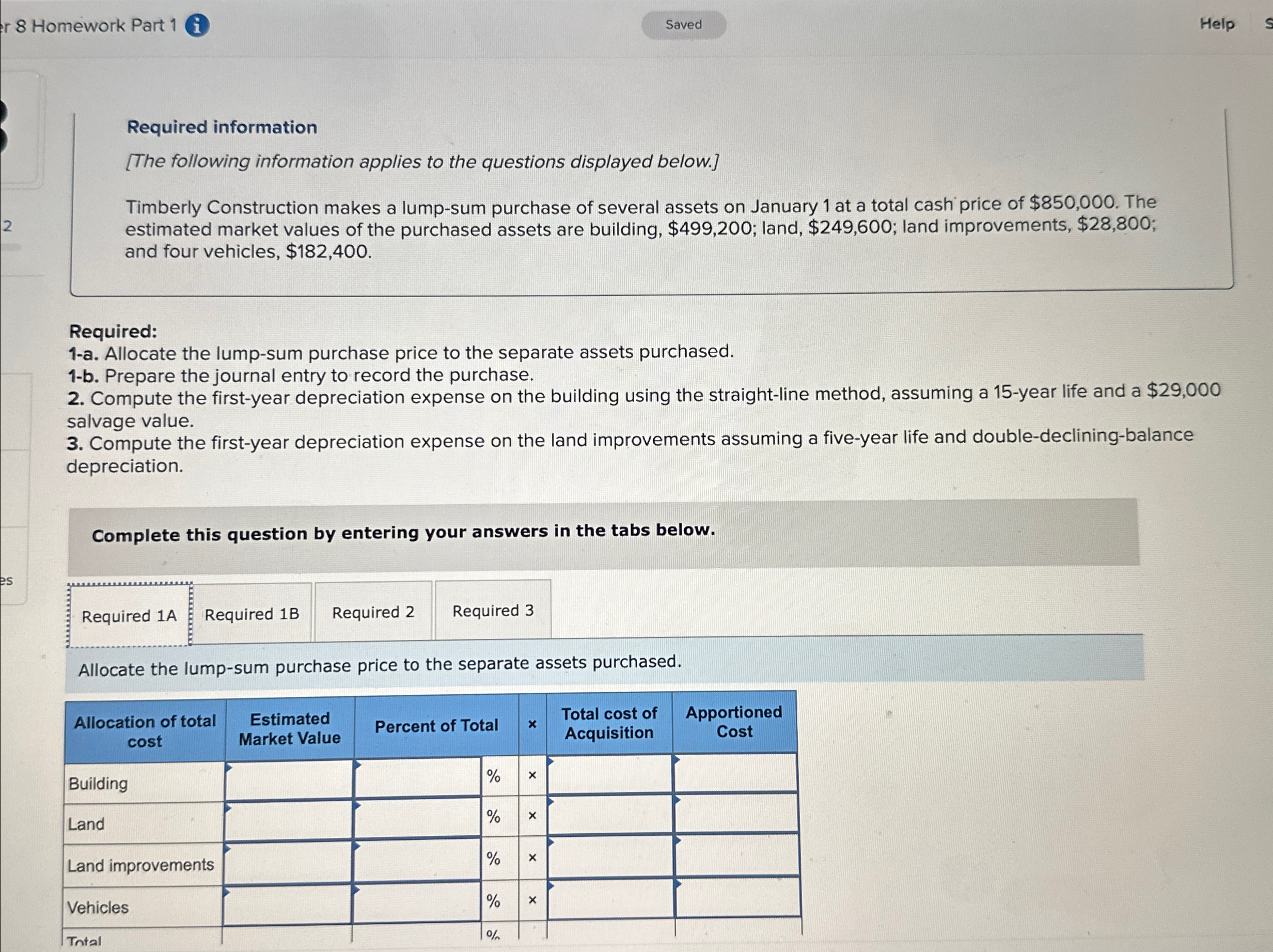 applies to the questions displayed below.] Timberly Construction makes a lump-sum purchase