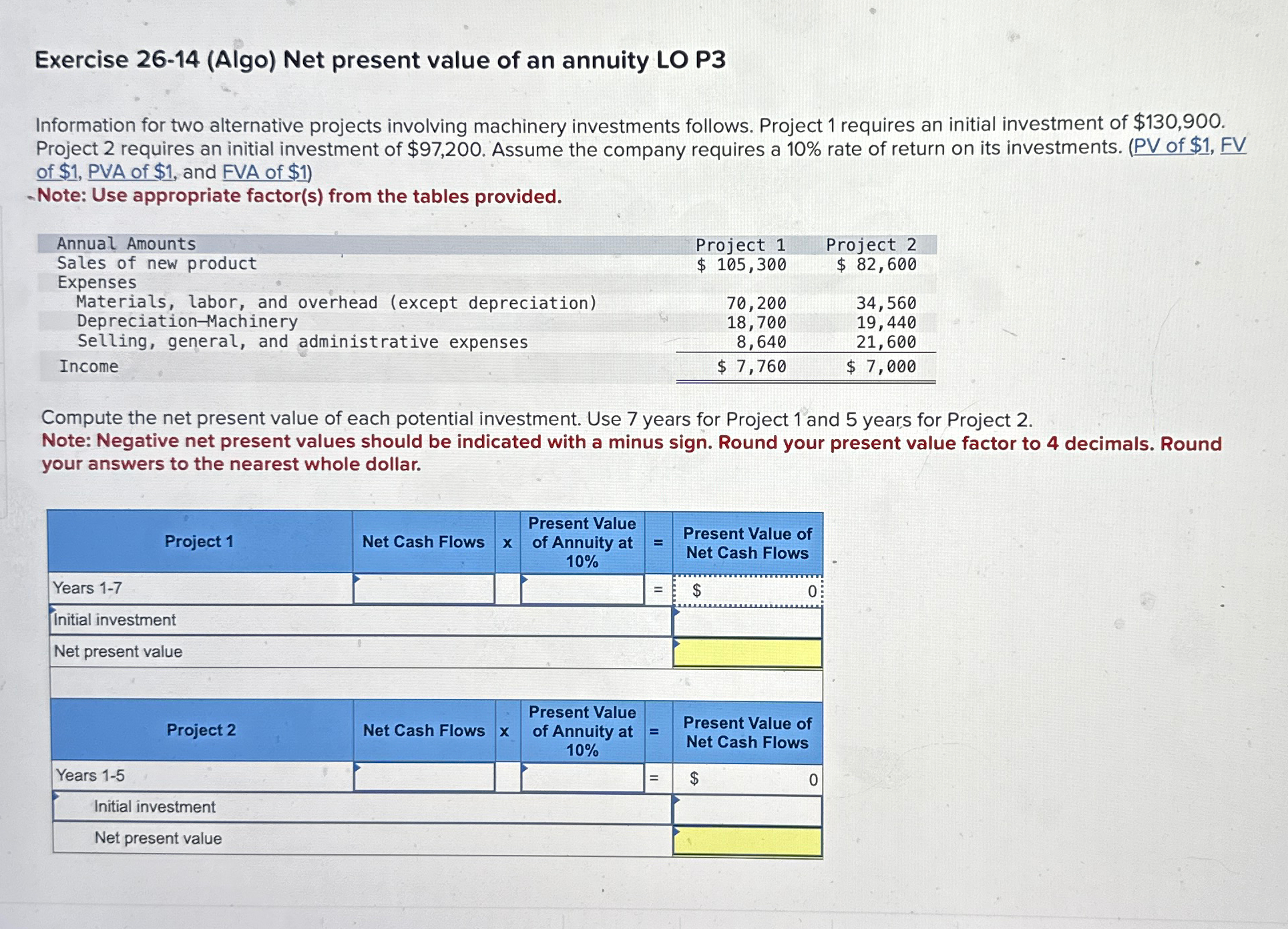 for two alternative projects involving machinery investments follows. Project 1 requires an