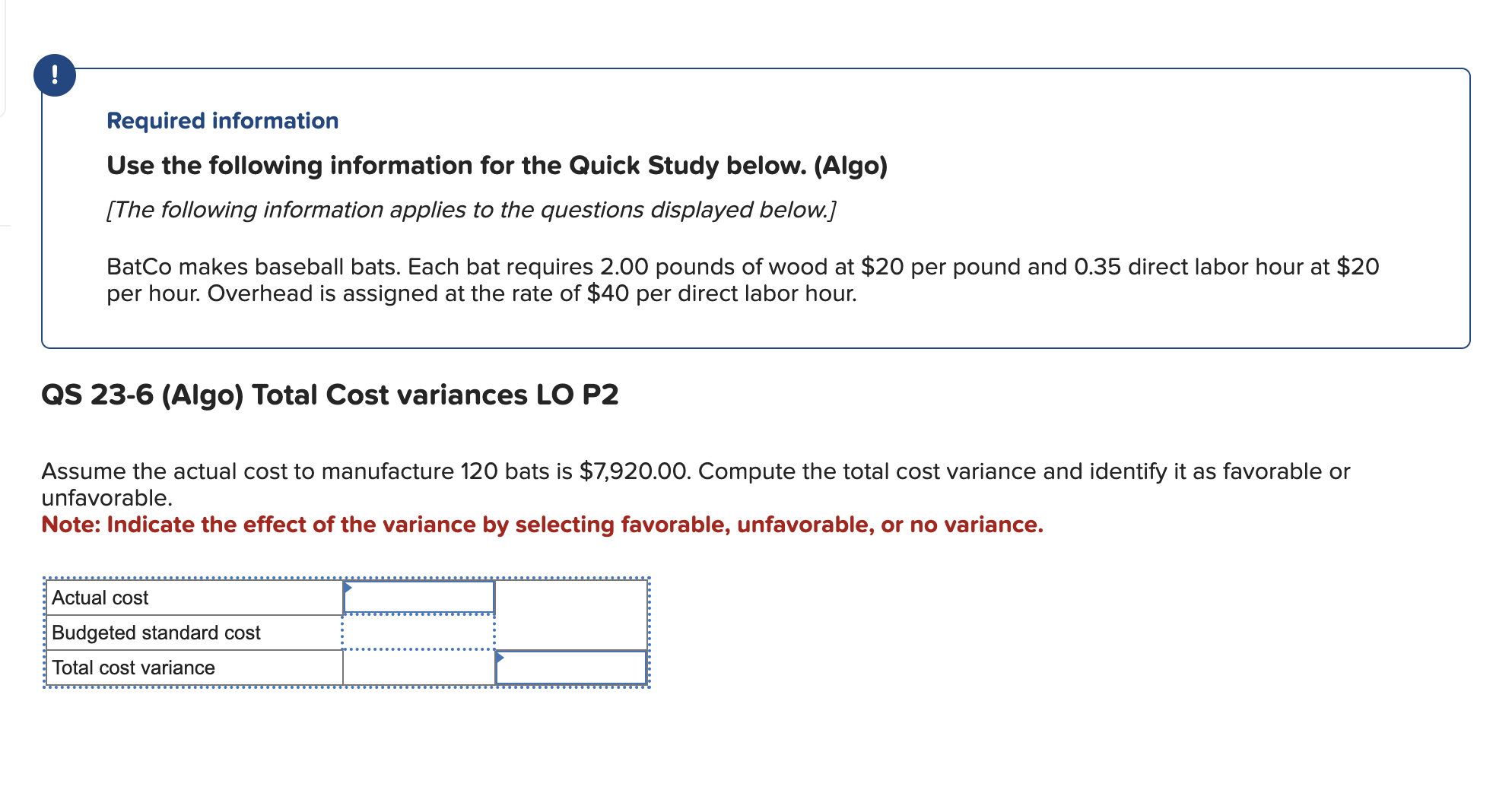QS 23-6(Algo) Total Cost variances LO P2 Assume the actual cost