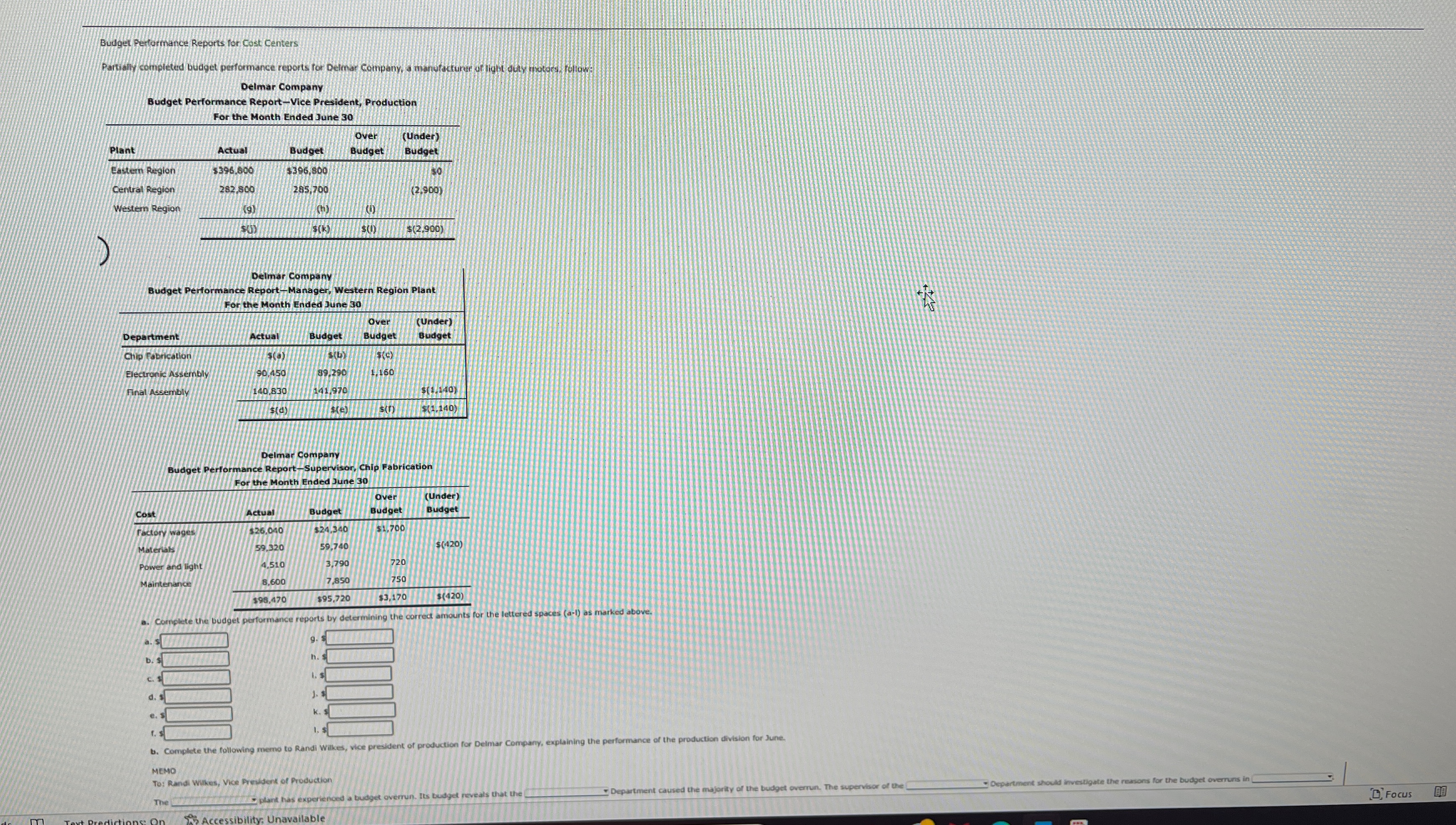 Budget performance reports for cost centers partially completed budget performance reports