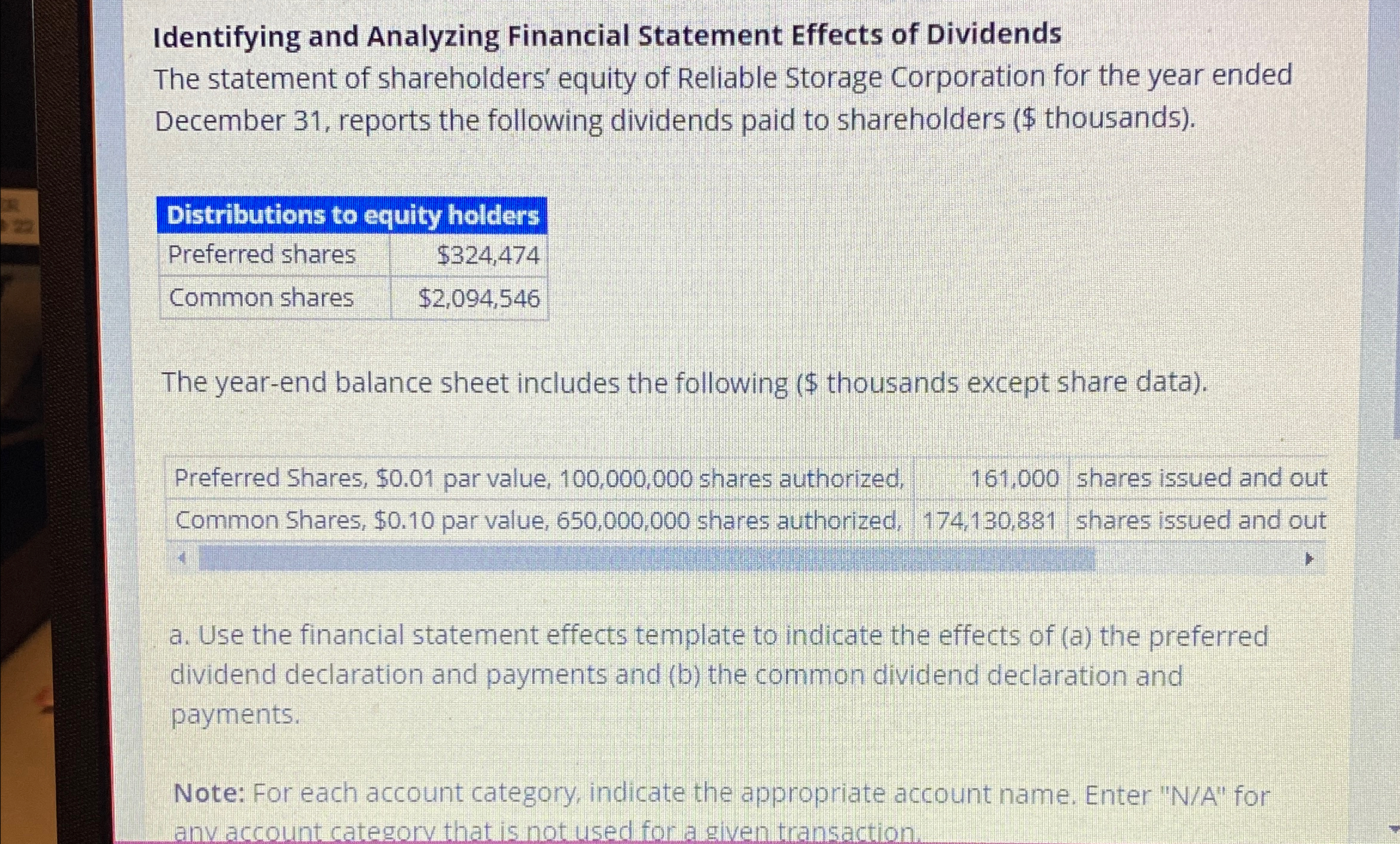 shareholders' equity of Reliable Storage Corporation for the year ended December 31,