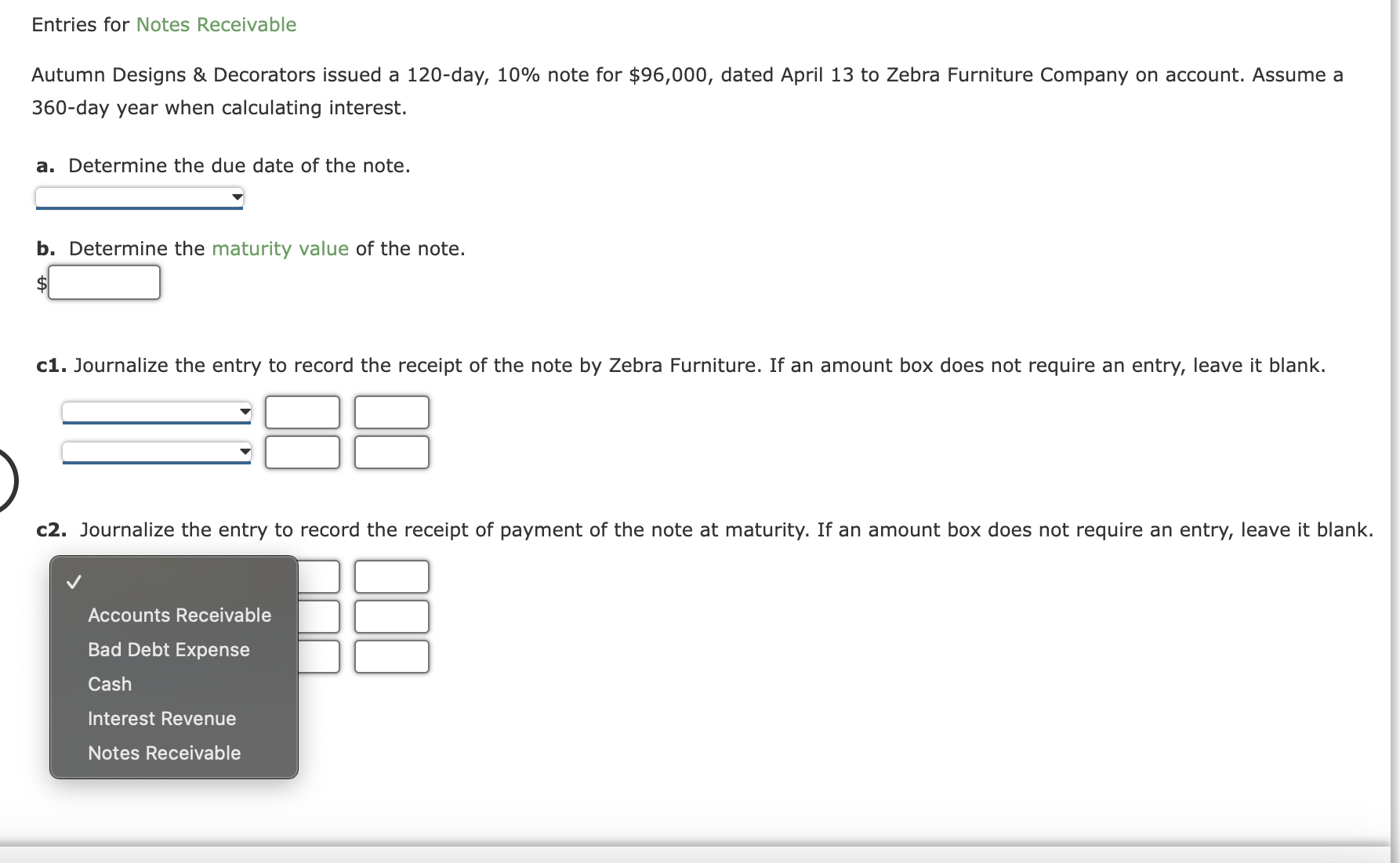 10% note for $96,000, dated April 13 to Zebra Furniture Company on