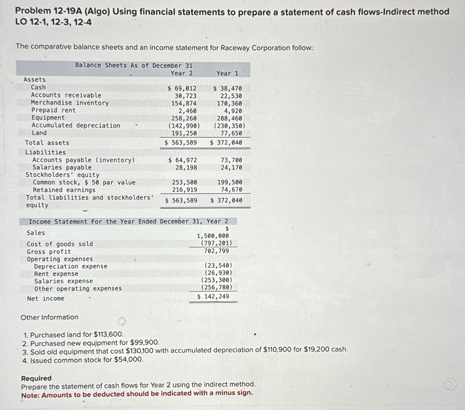  Problem 12-19A (Algo) Using financial statements to prepare a statement of