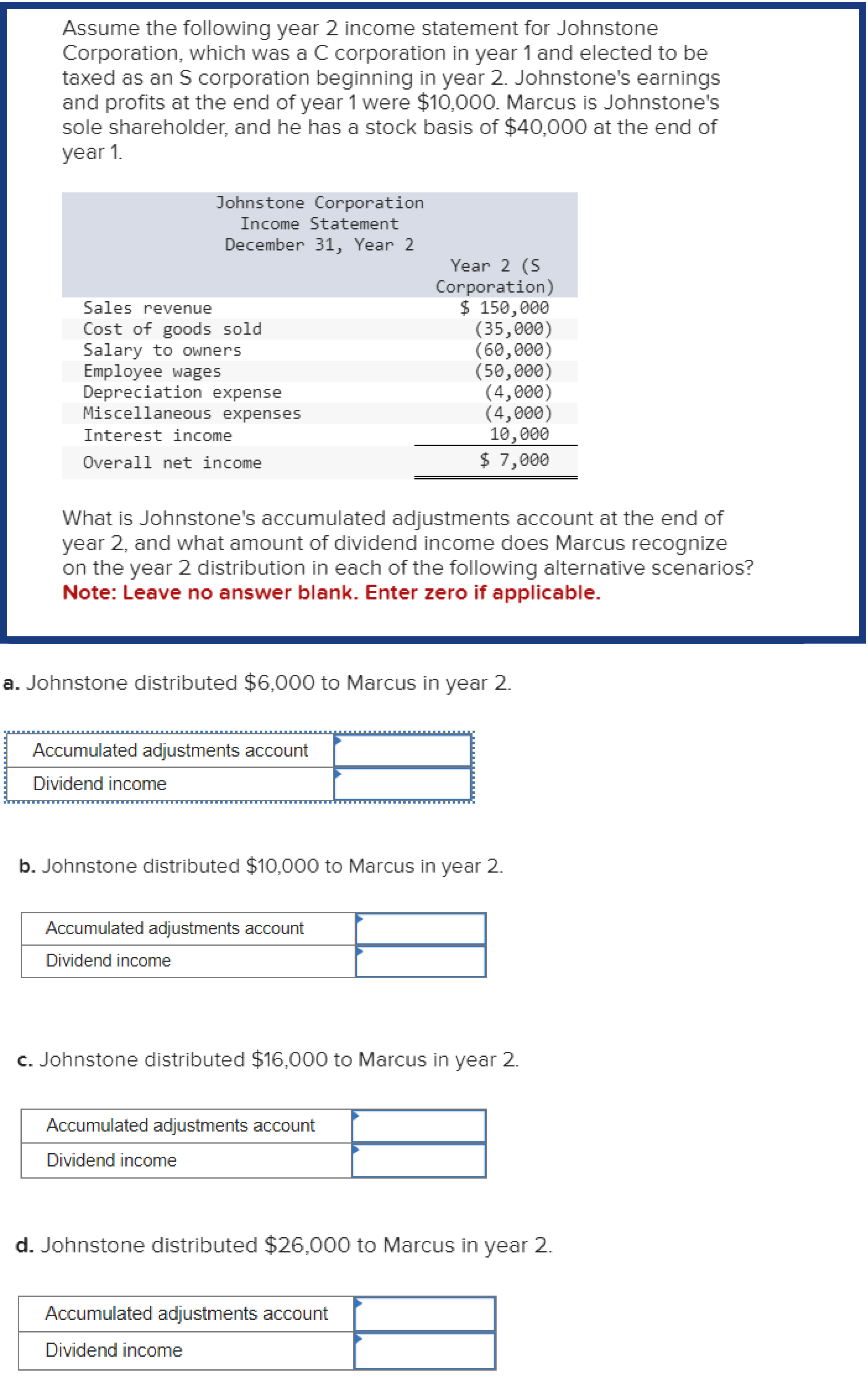  a. Johnstone distributed $6,100 to Marcus in year 2. Accumulated adjustments
