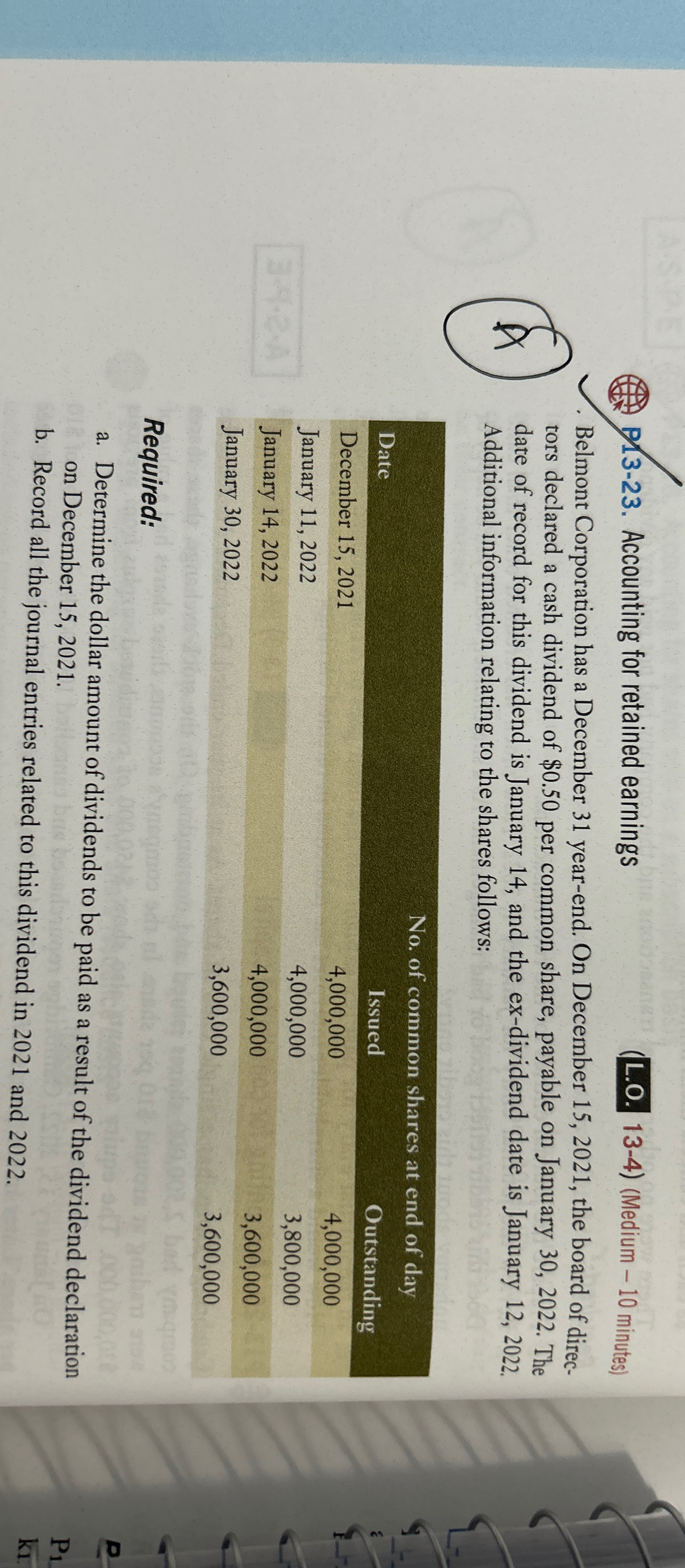  13-23. Accounting for retained earnings (L.O.13-4)(Medium -10 minutes) . Belmont Corporation