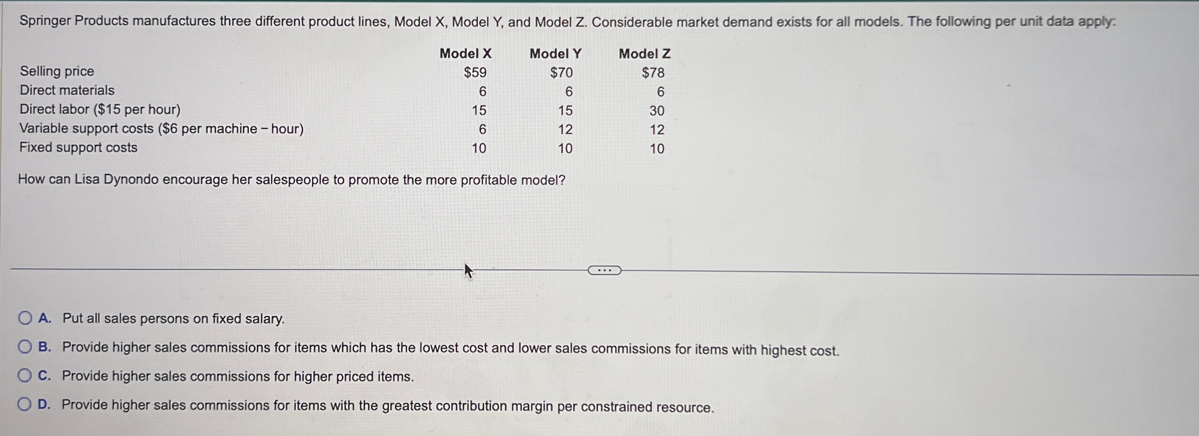 and Model Z. Considerable market demand exists for all models. The following