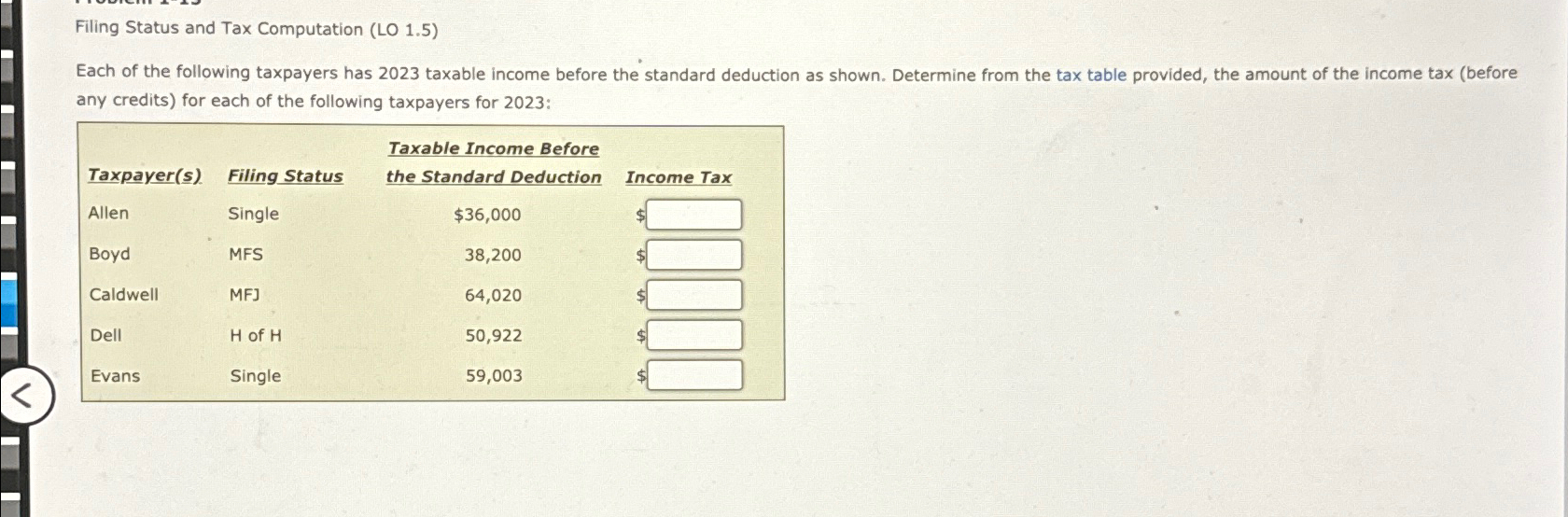 Filing Status and Tax Computation (LO 1.5) Each of the following