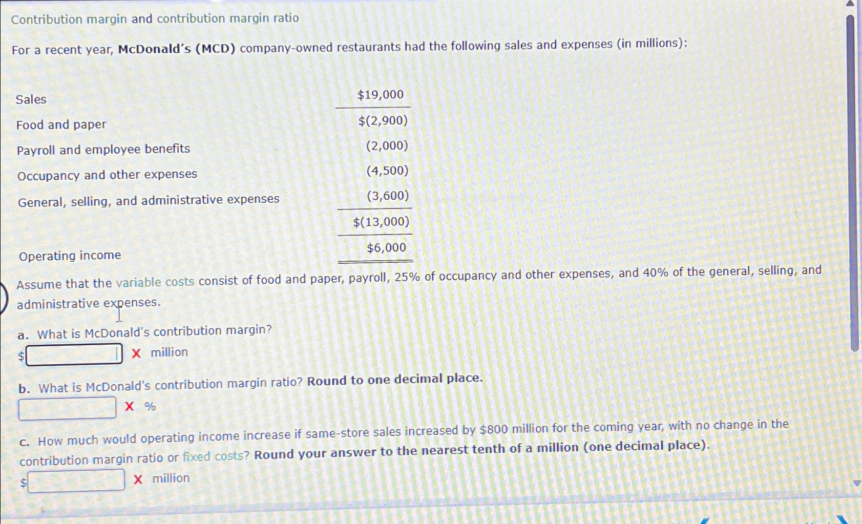 Contribution margin and contribution margin ratio For a recent year, McDonald's