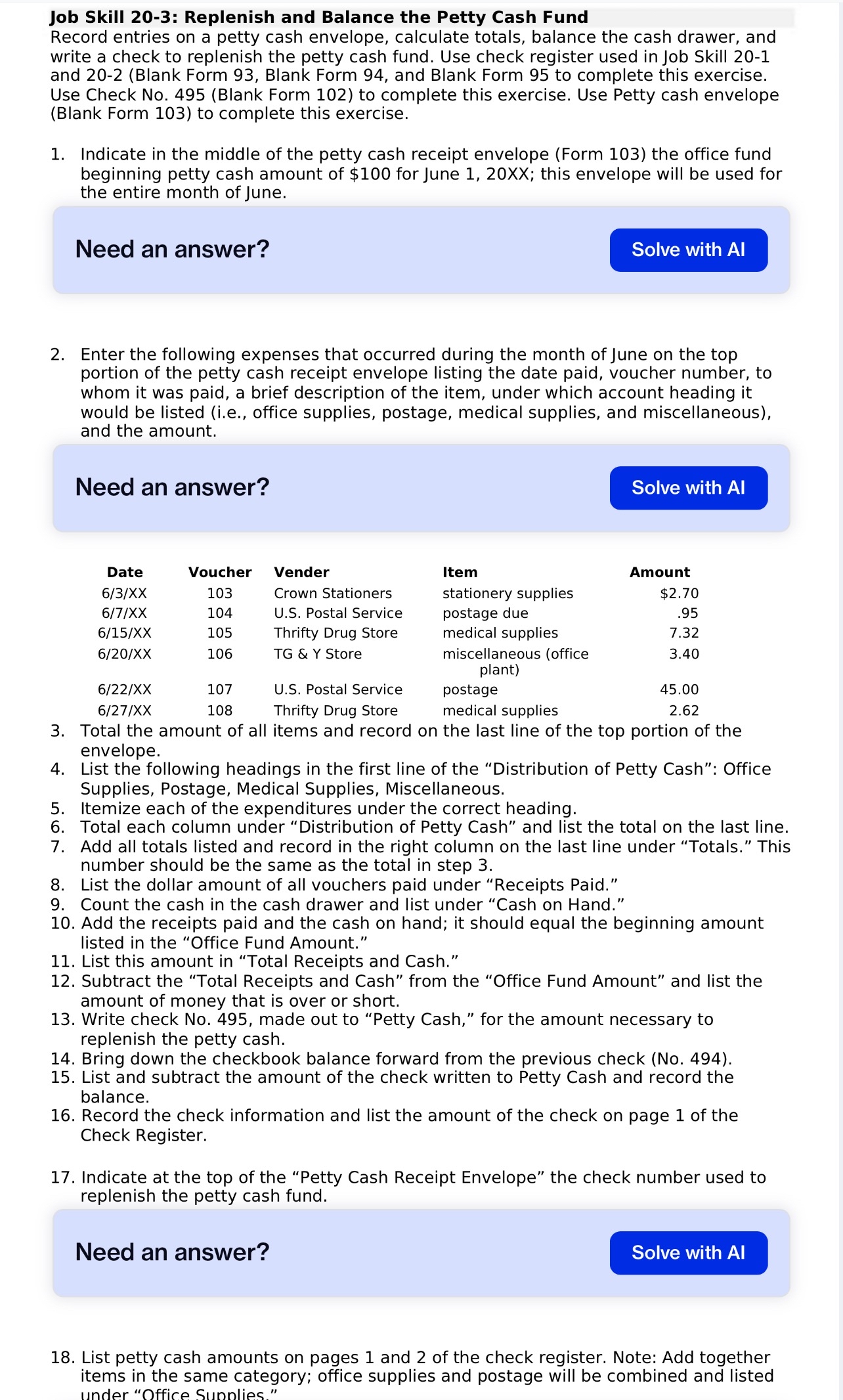 Job Skill 20-3: Replenish and Balance the Petty Cash Fund Record entries