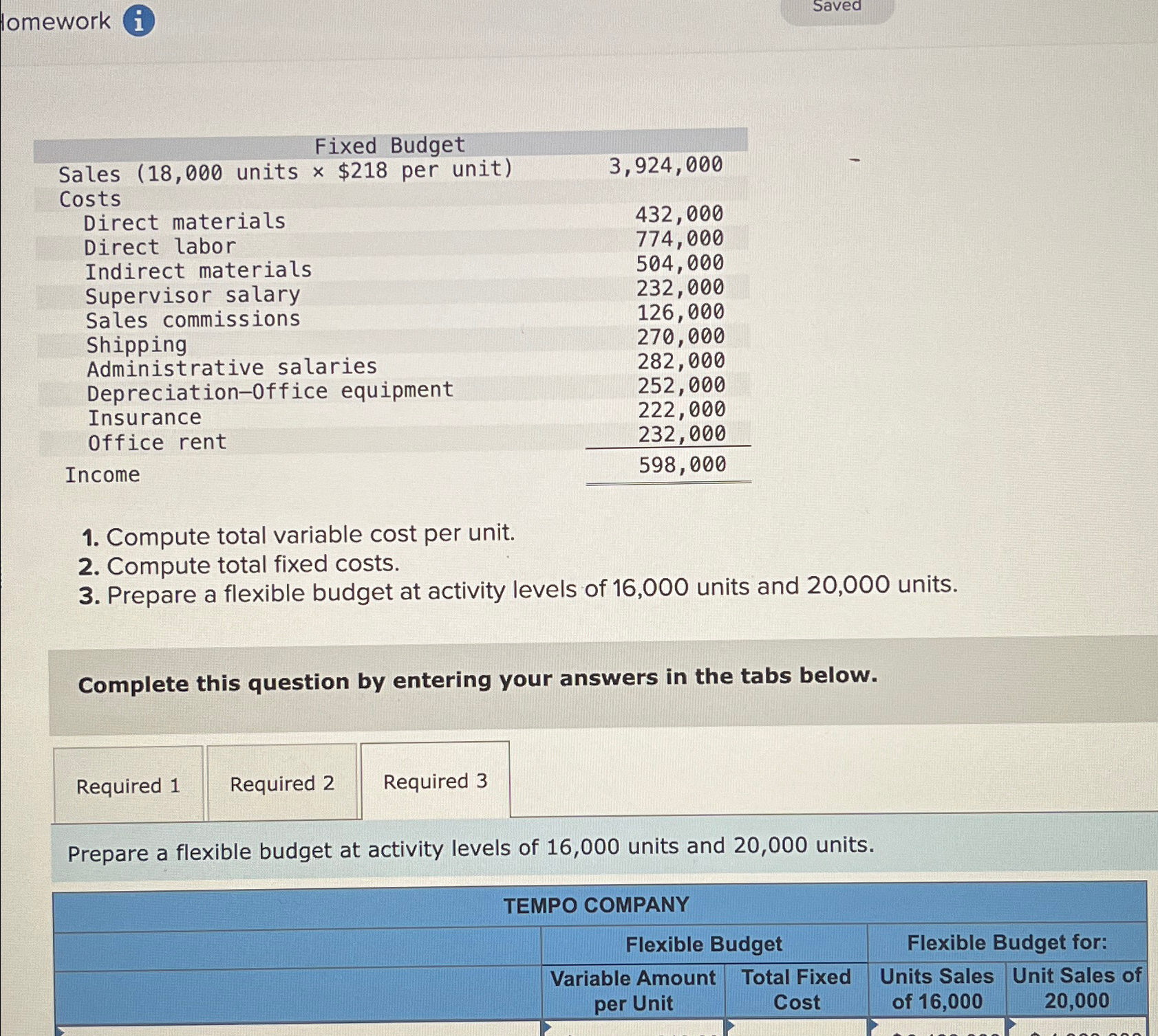  lomework Saved \table[[Fixed Budget,],[Sales units $218 per unit),3,924,000 