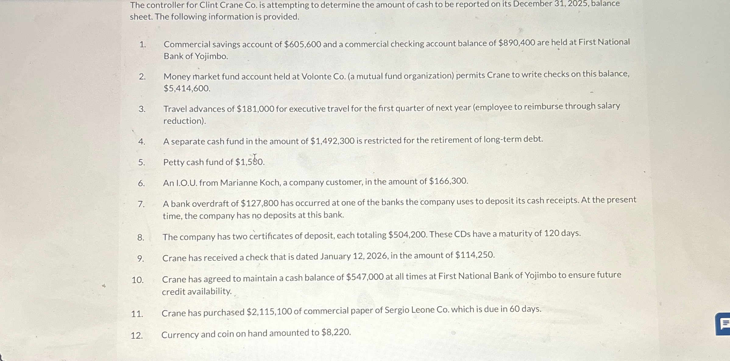 amount of cash to be reported on its December 31,2025, balance sheet.