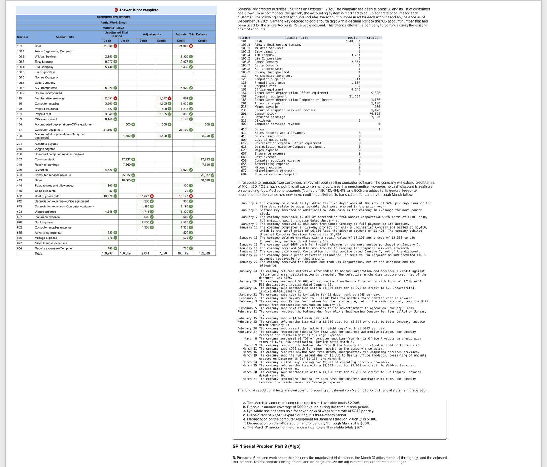 Answer is not complete. BUSINESS SOLUTIONS Partial Work Sheet March 31, 2022