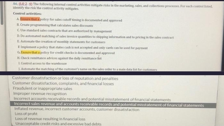  A6.(L.O2-4) The following internal control activities mitigate risks in the marloting