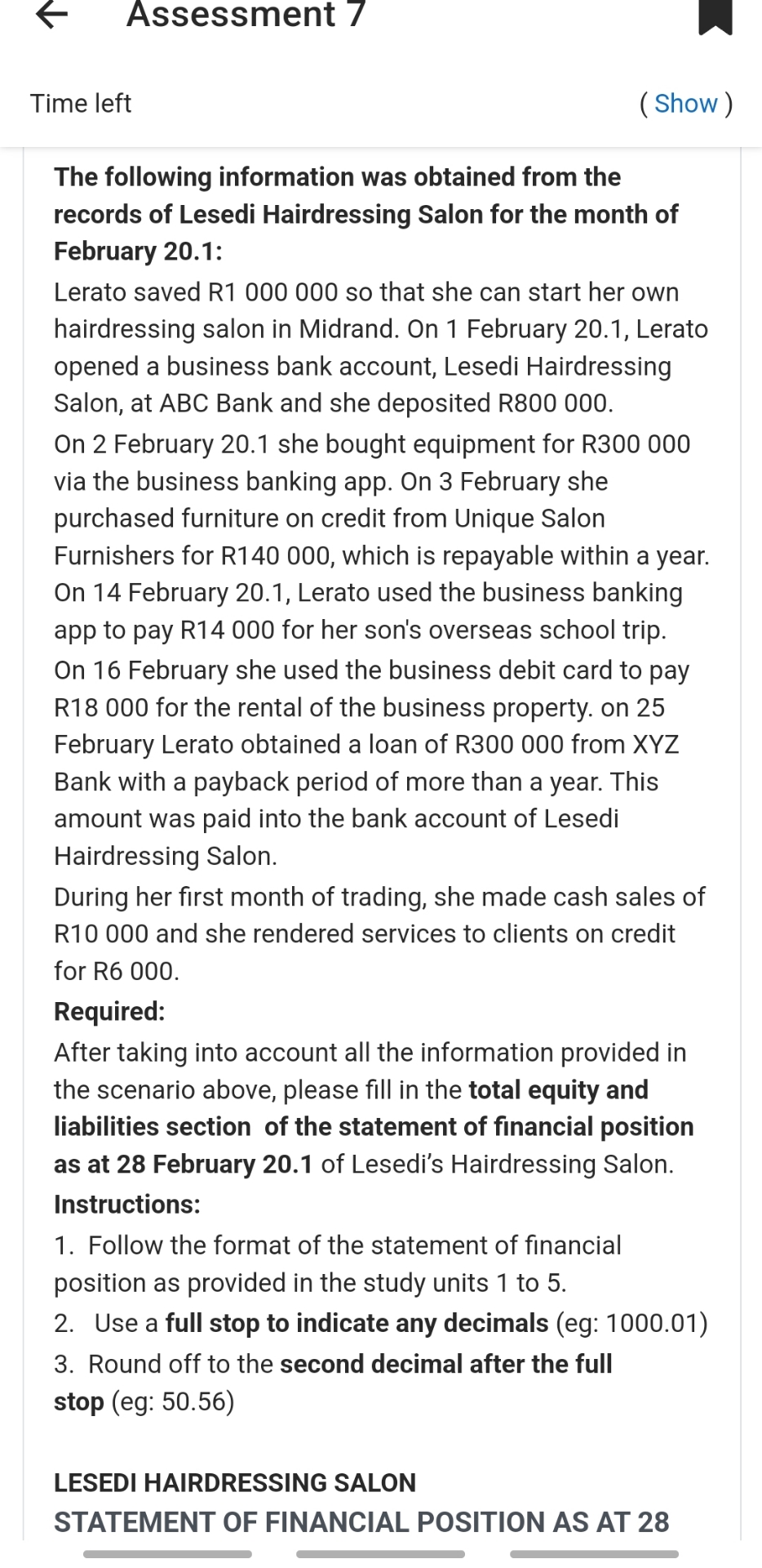 from the records of Lesedi Hairdressing Salon for the month of February