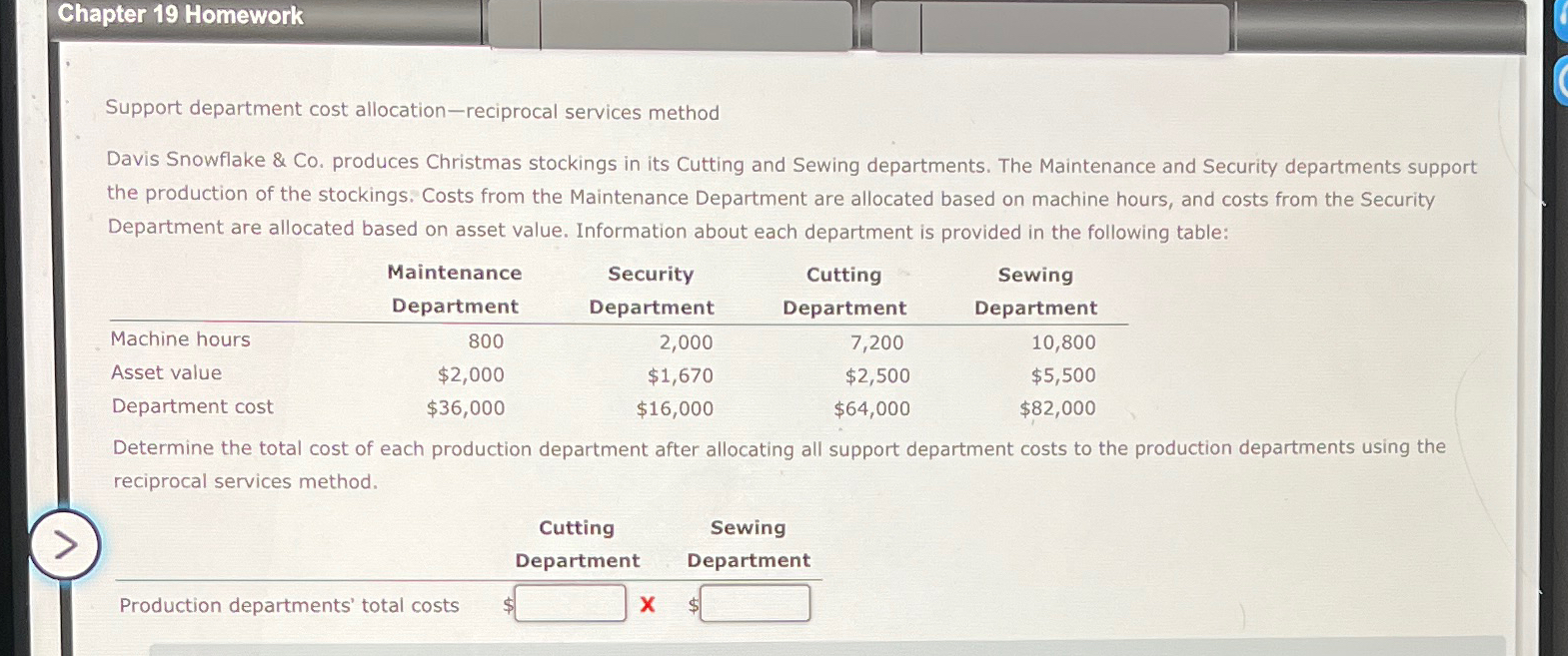 Support department cost allocation-reciprocal services method Davis Snowflake & Co. produces