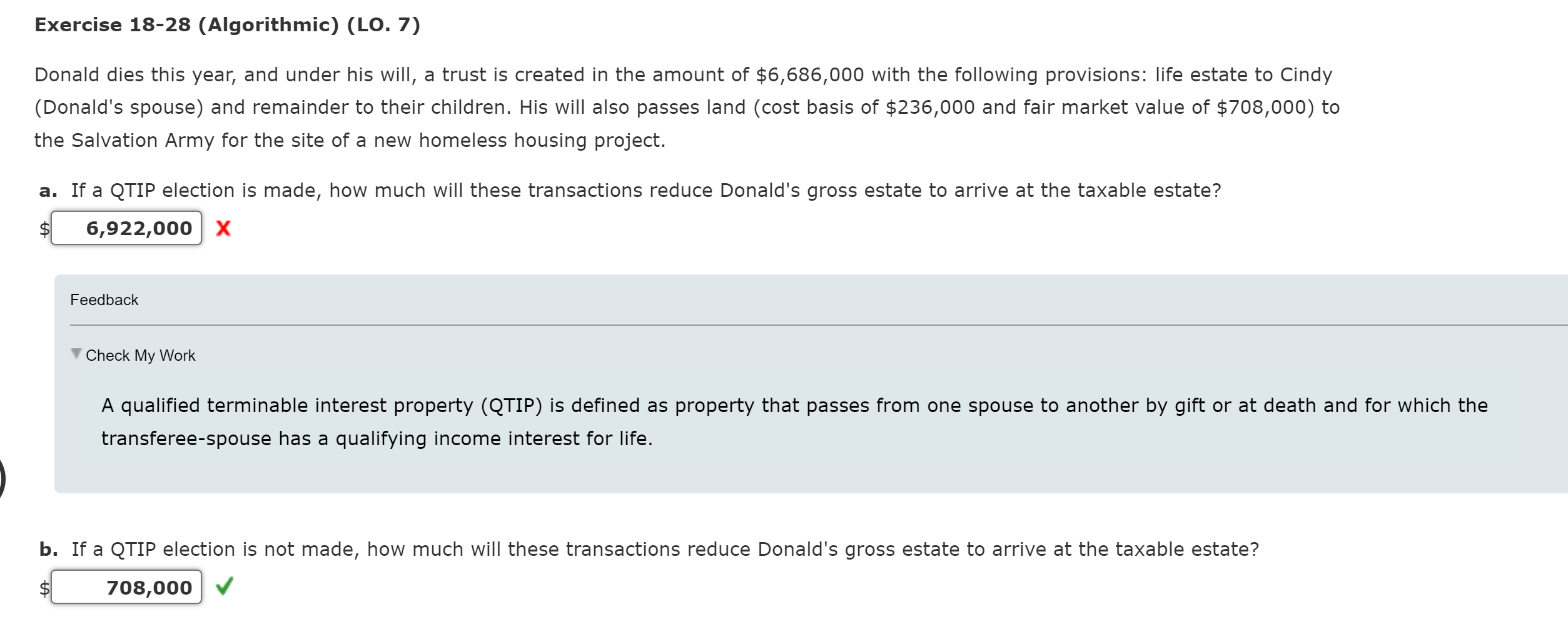  Exercise 18-28(Algorithmic)(LO.7) Donald dies this year, and under his will, a