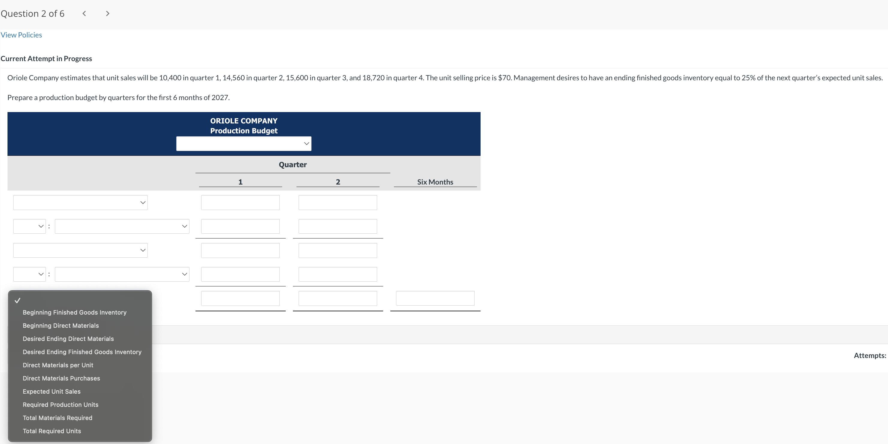 Beginning Finished Goods Inventory Beginning Direct Materials Desired Ending Direct Materials Desired