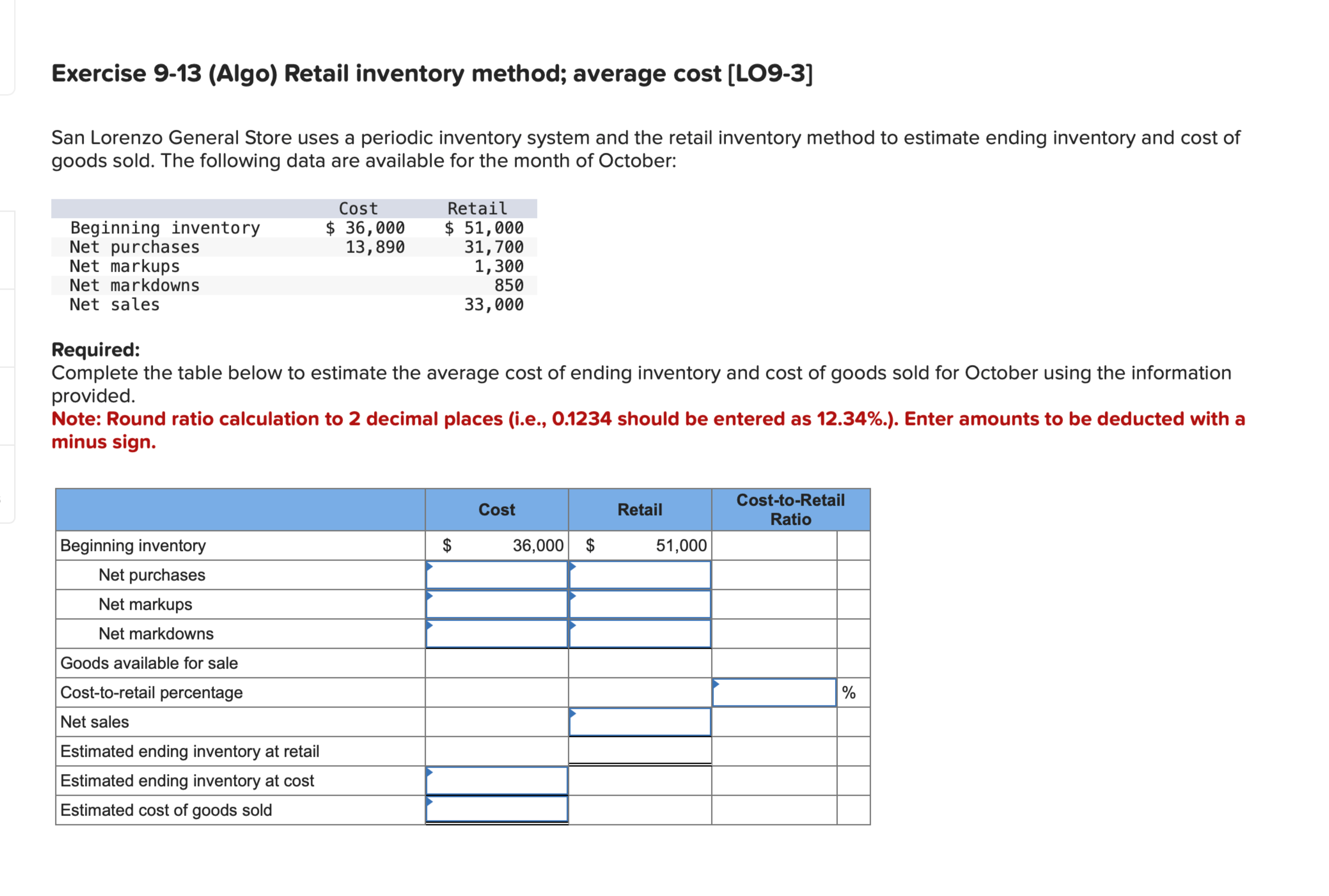  Exercise 9-13(Algo) Retail inventory method; average cost [LO9-3] San Lorenzo General