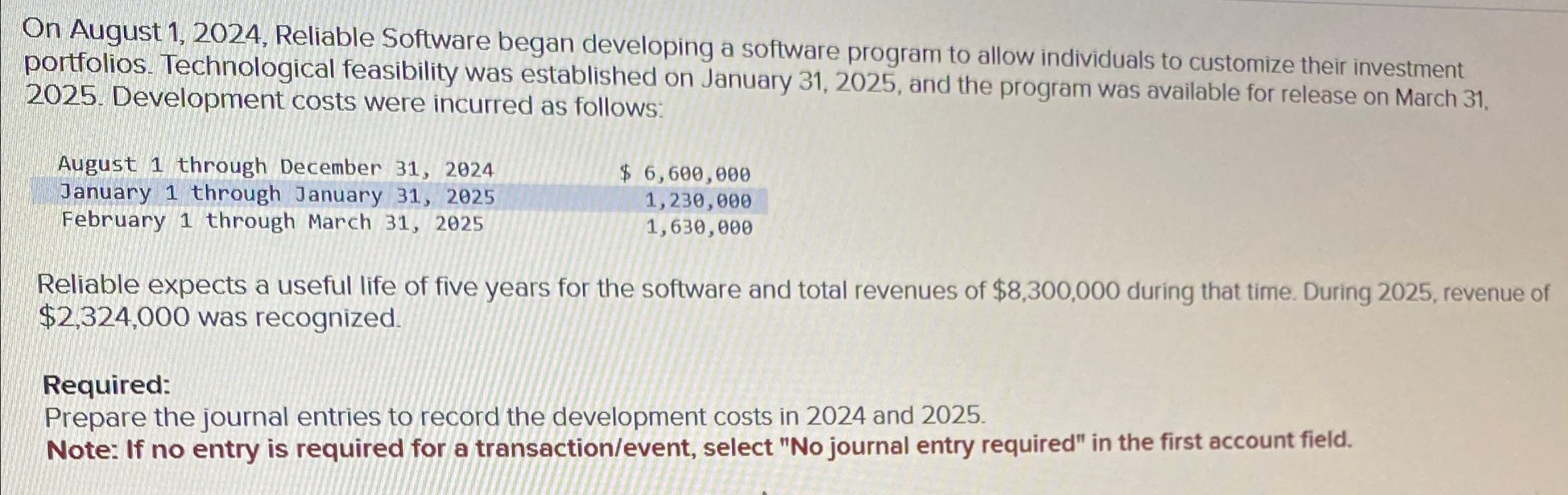  On August 1,2024, Reliable Software began developing a software program to