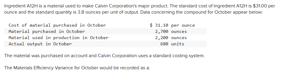  Ingredient A12H is a material used to make Calvin Corporation's major