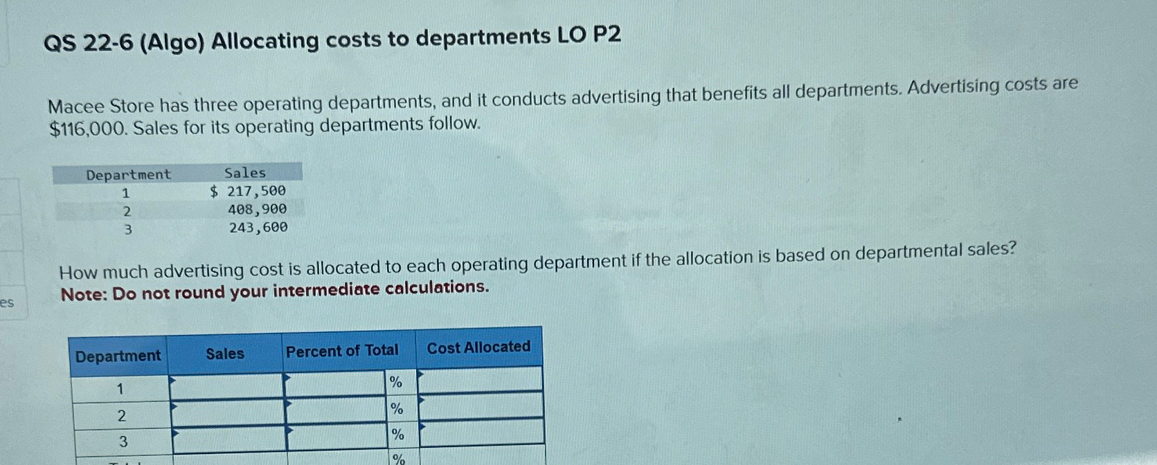 three operating departments, and it conducts advertising that benefits all departments. Advertising