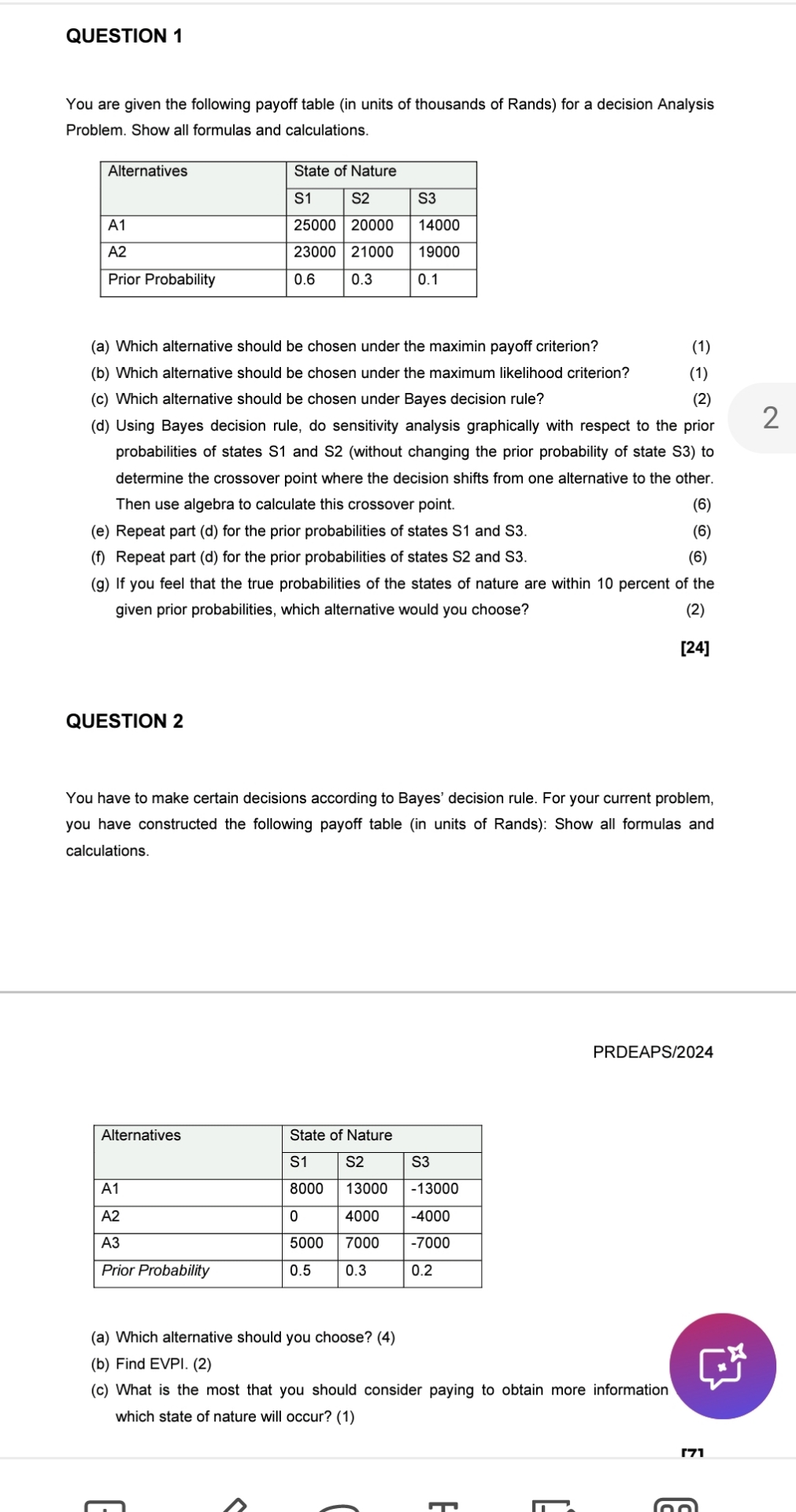 QUESTION 1 You are given the following payoff table (in units