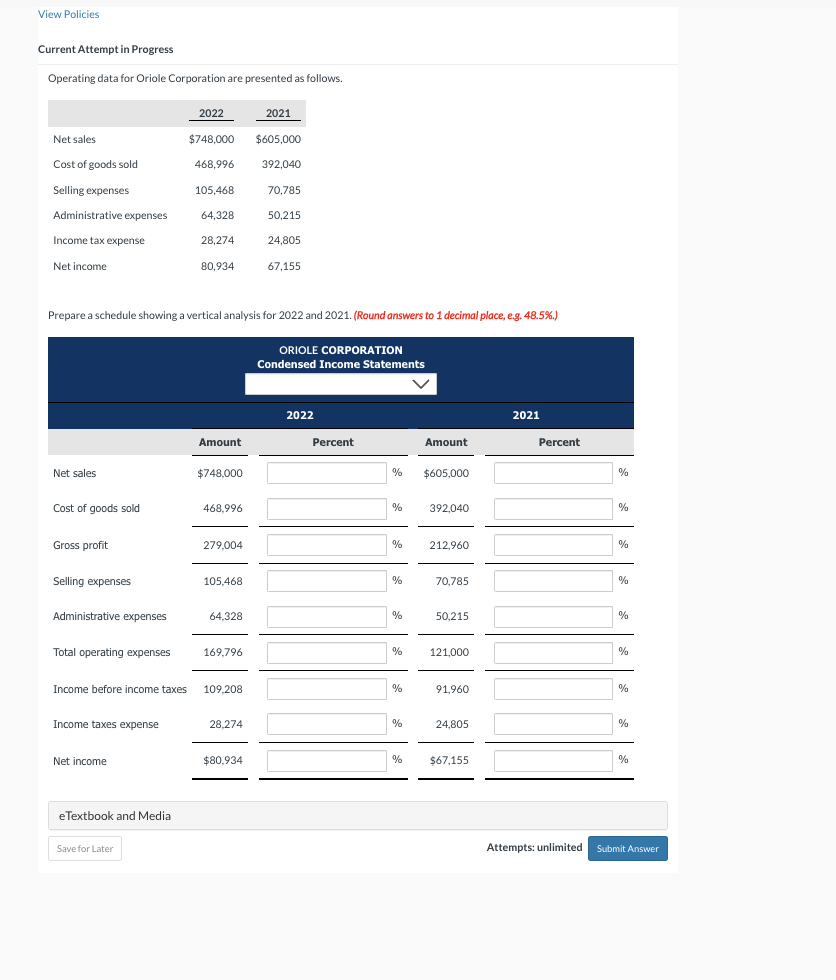 are presented as follows. \table[[,2022,2021],[Net sales,$748,000,$605,000],[Cost of goods sold,468,996,392,040],[Selling expenses,105,468,70,785],[Administrative expenses,64,328,50,215],[Income tax