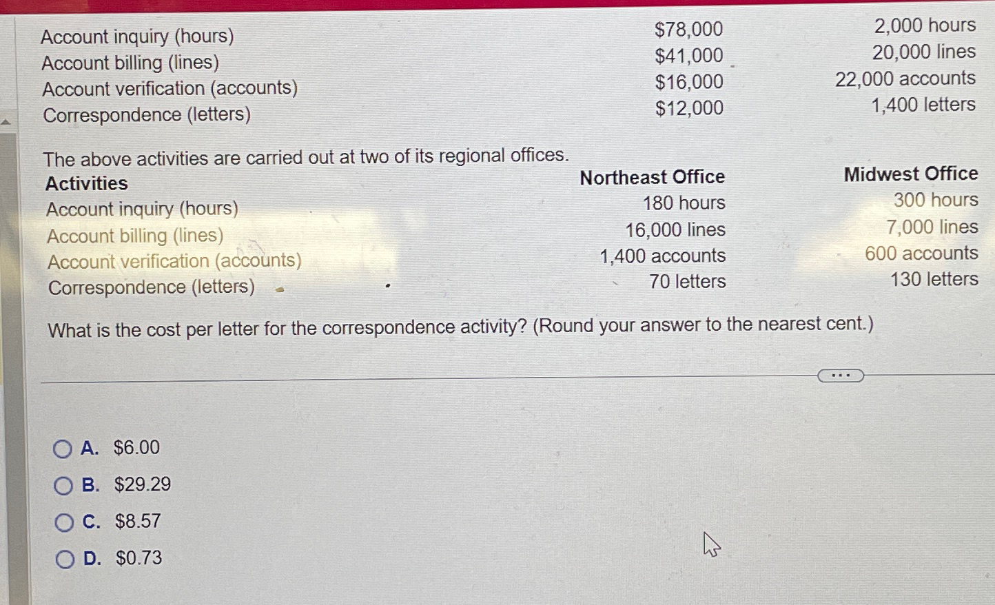  \table[[Account inquiry (hours),$78,000,2,000 hours],[Account billing (lines),$41,000,20,000 lines],[Account verification (accounts),$16,000,22,000 accounts],[Correspondence (letters),$12,000,1,400