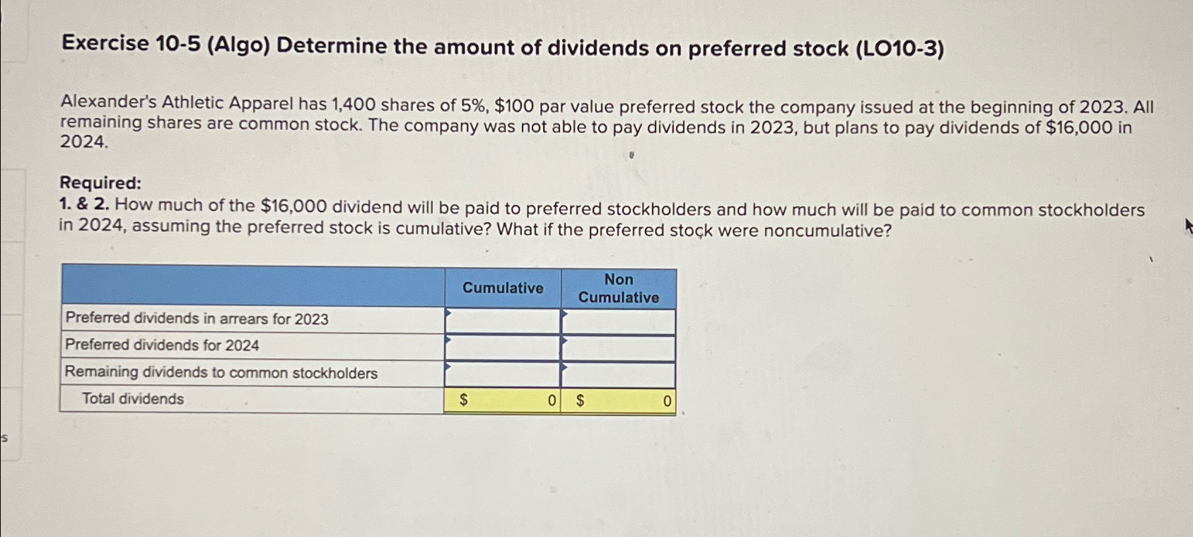  Exercise 10-5(Algo) Determine the amount of dividends on preferred stock (LO10-3)
