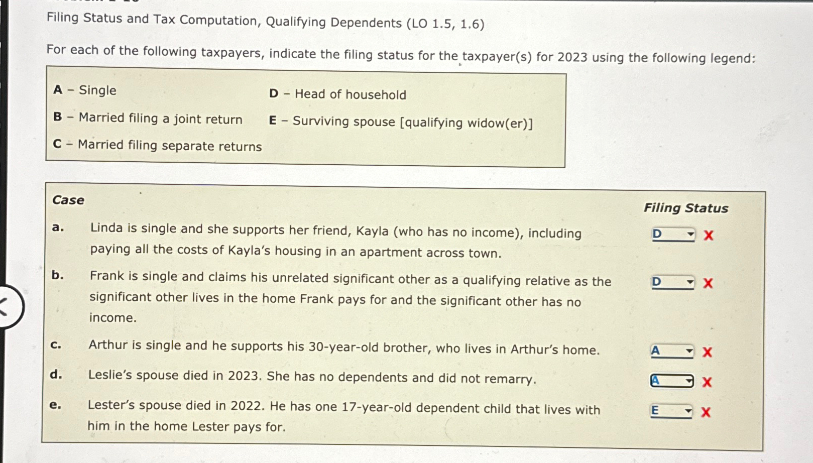Filing Status and Tax Computation, Qualifying Dependents (LO 1.5,1.6) For each