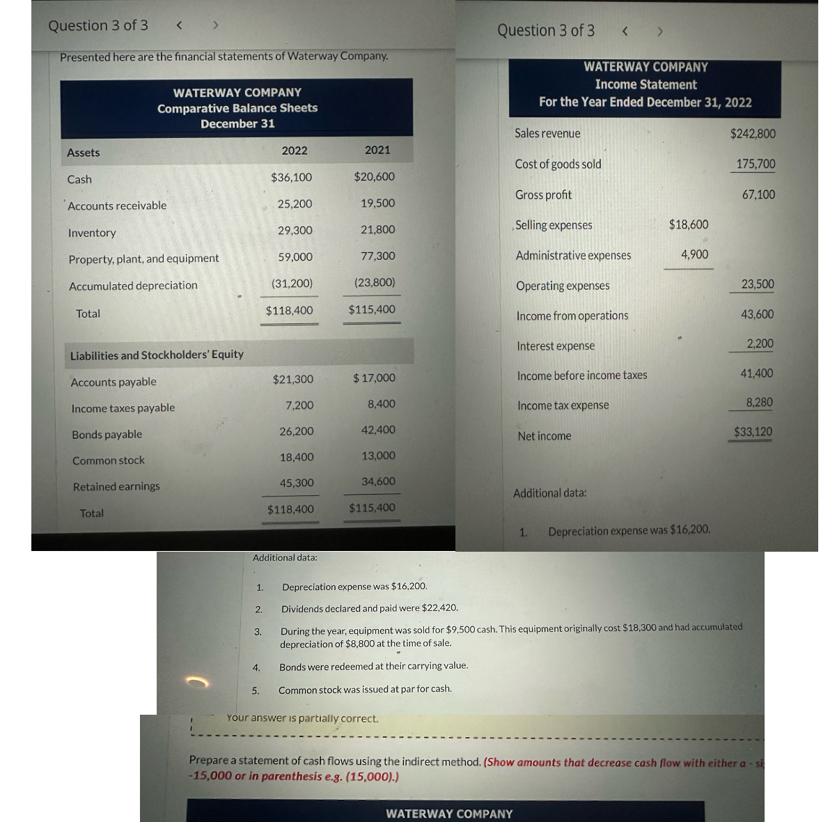 31 Question 3 of 3 WATERWAY COMPANY Income Statement For the Year