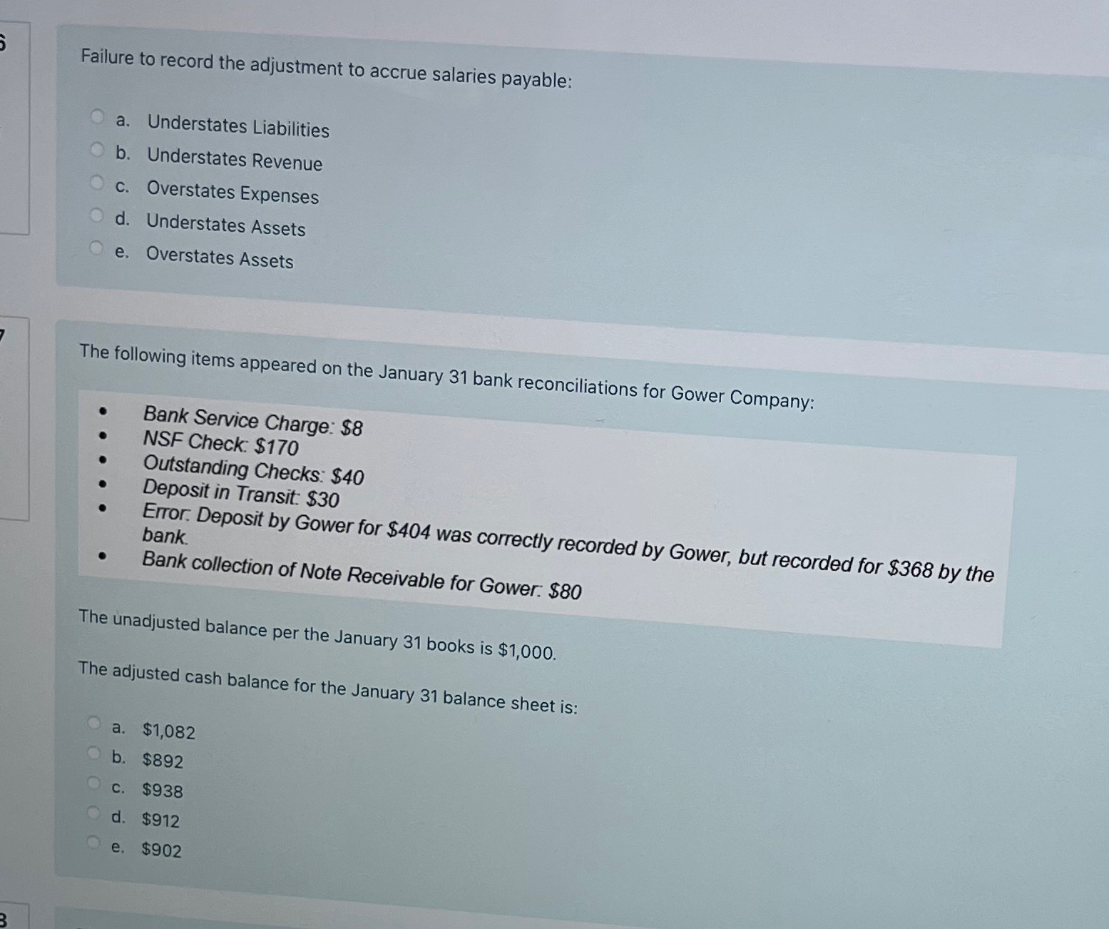 36) Failure to record the adjustment to accrue salaries payable: a.