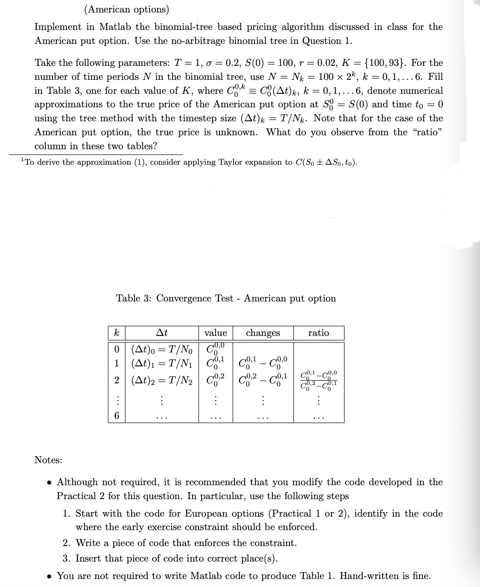 This is a Financial Mathematics Problem. (American Options) Implement in Matlab
