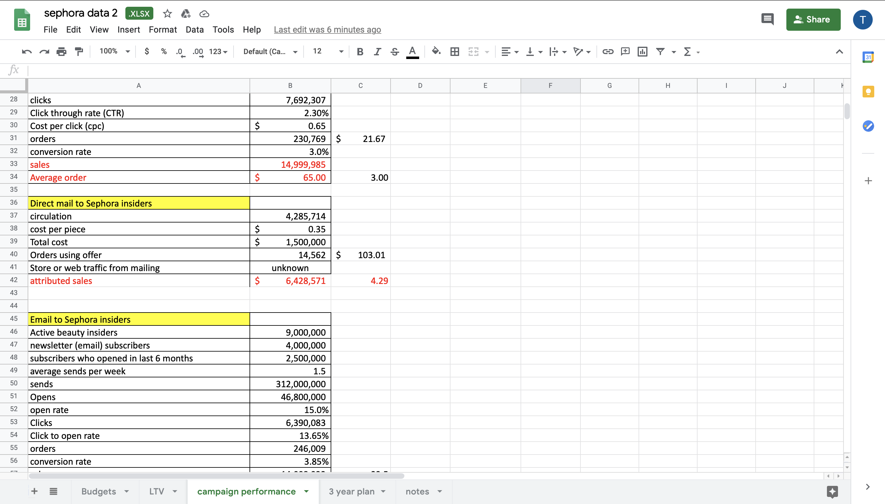 Edit View Insert Format Data Tools Help Last edit was 6 minutes