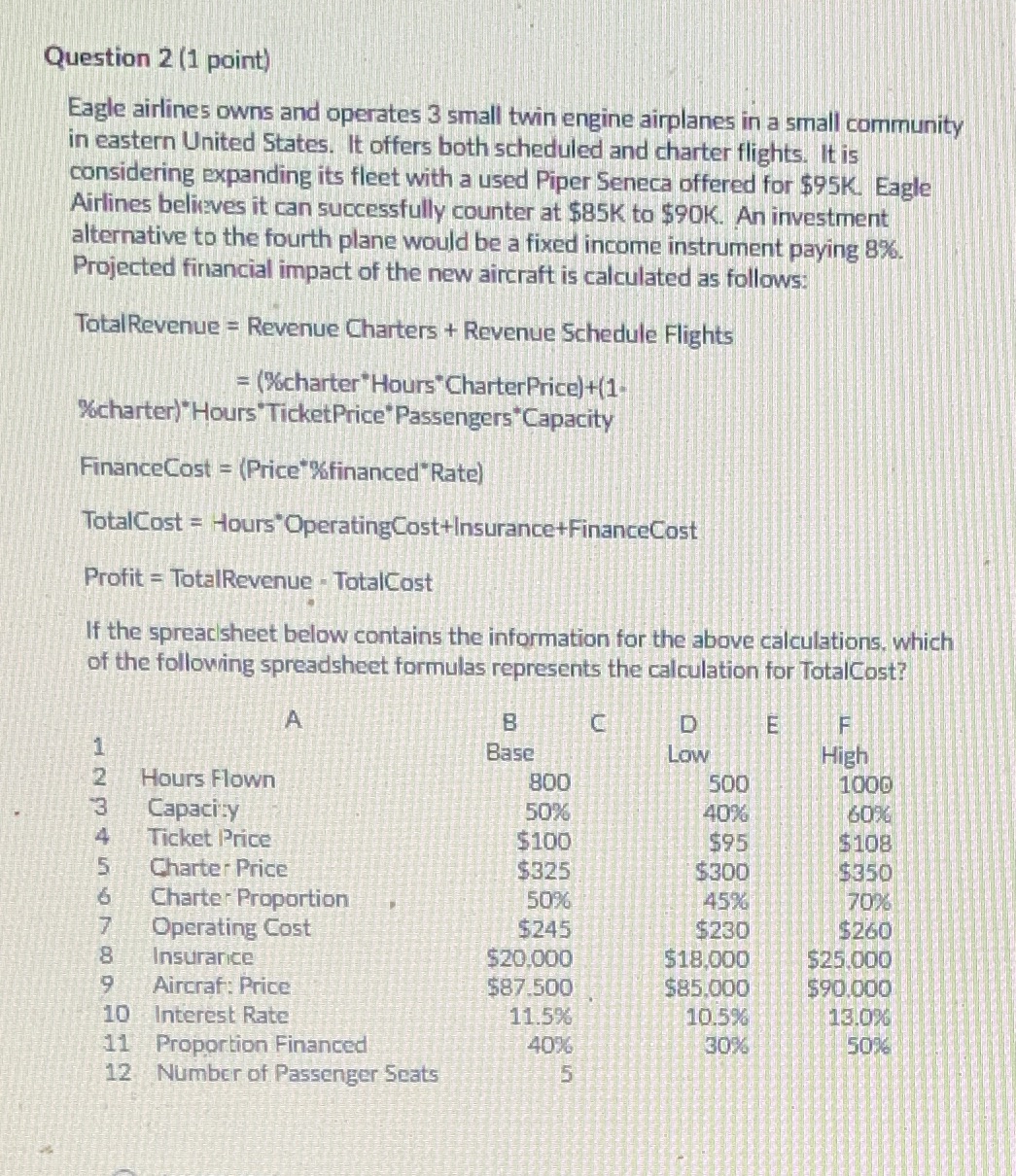 Question 2 (1 point) Eagle airlines owns and operates 3 small