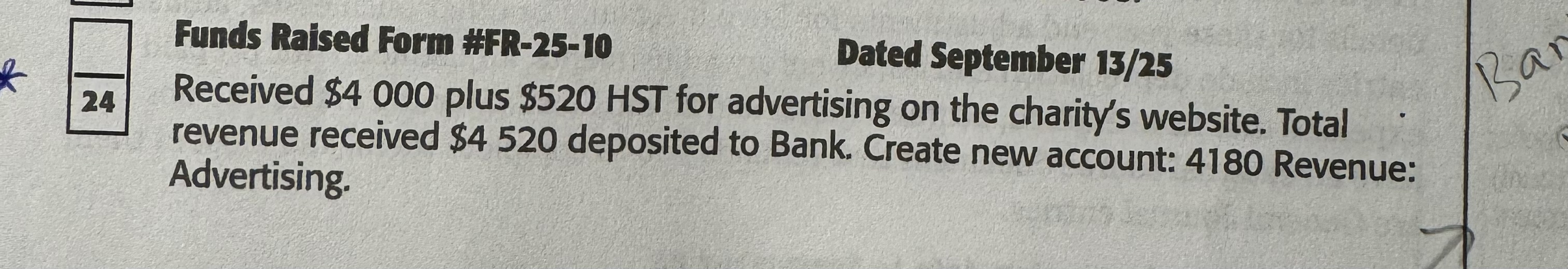 Received $4000 plus $520 HST for advertising on the charity's website. Total