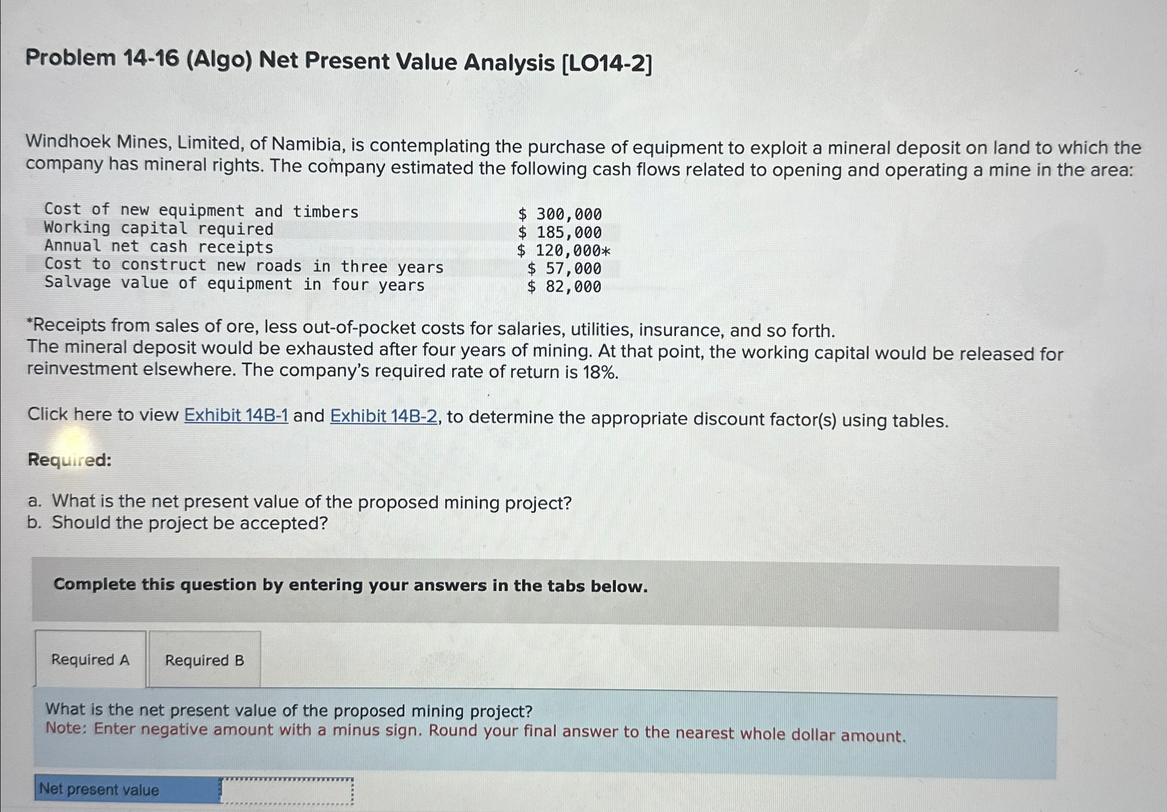  Problem 14-16(Algo) Net Present Value Analysis [LO14-2] Windhoek Mines, Limited, of